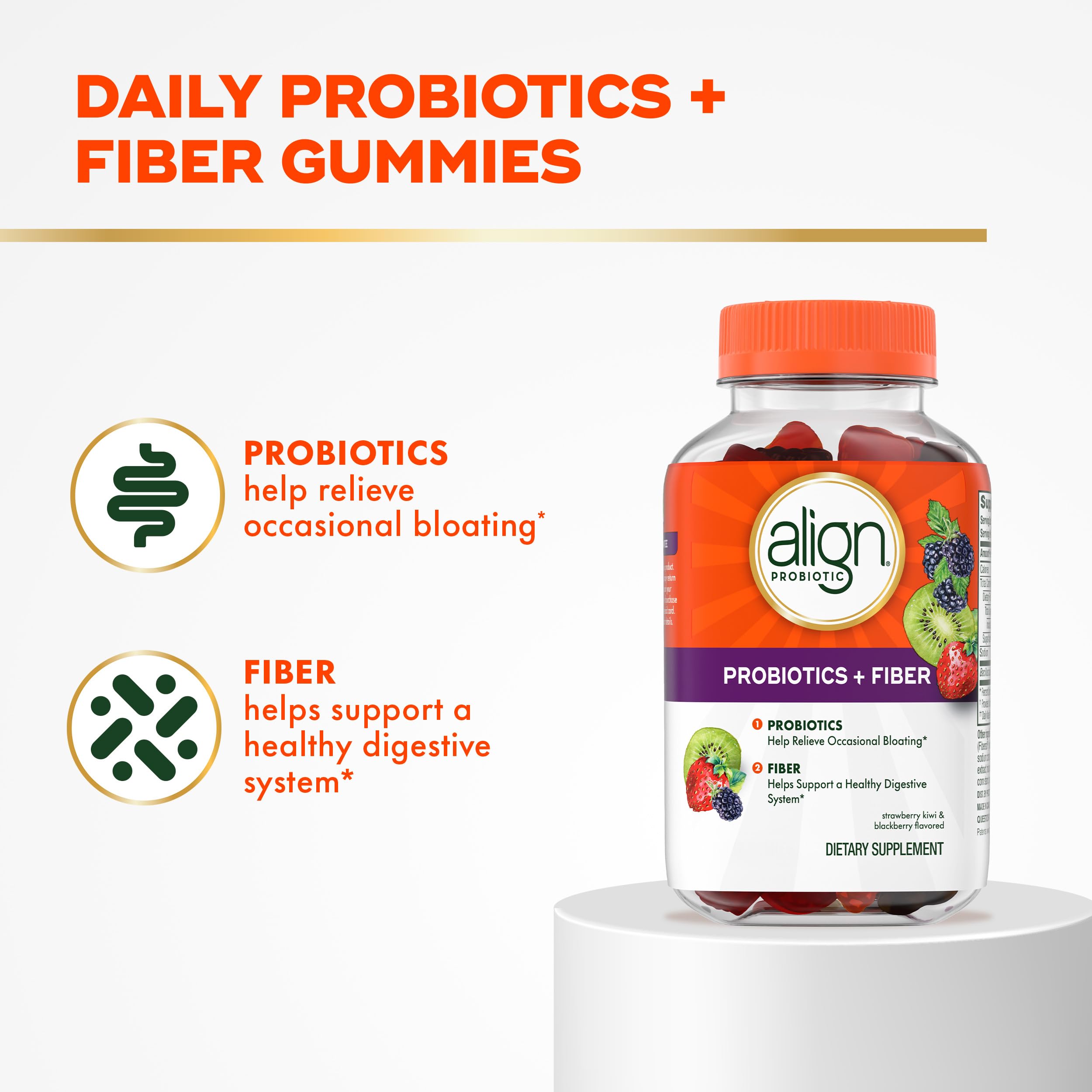 Align Probiotic, Probiotics + Fiber Gummies, Probiotics Help Relieve Occasional Bloating*, Fiber Helps Support a Healthy Digestive System