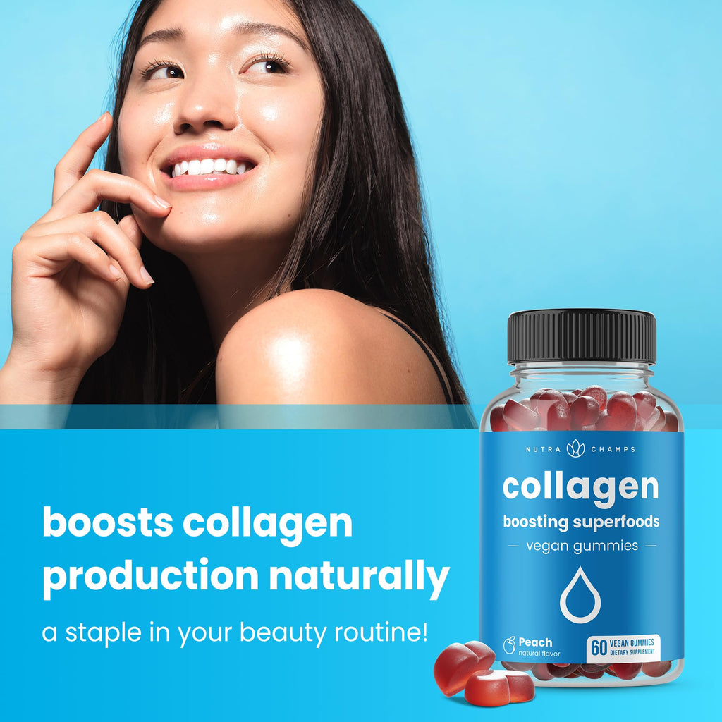 NutraChamps Collagen Boosting Gummies, Collagen Booster Gummy for Natural Collagen Production, Vegan Pectin Supplements Chews for Women & Men,