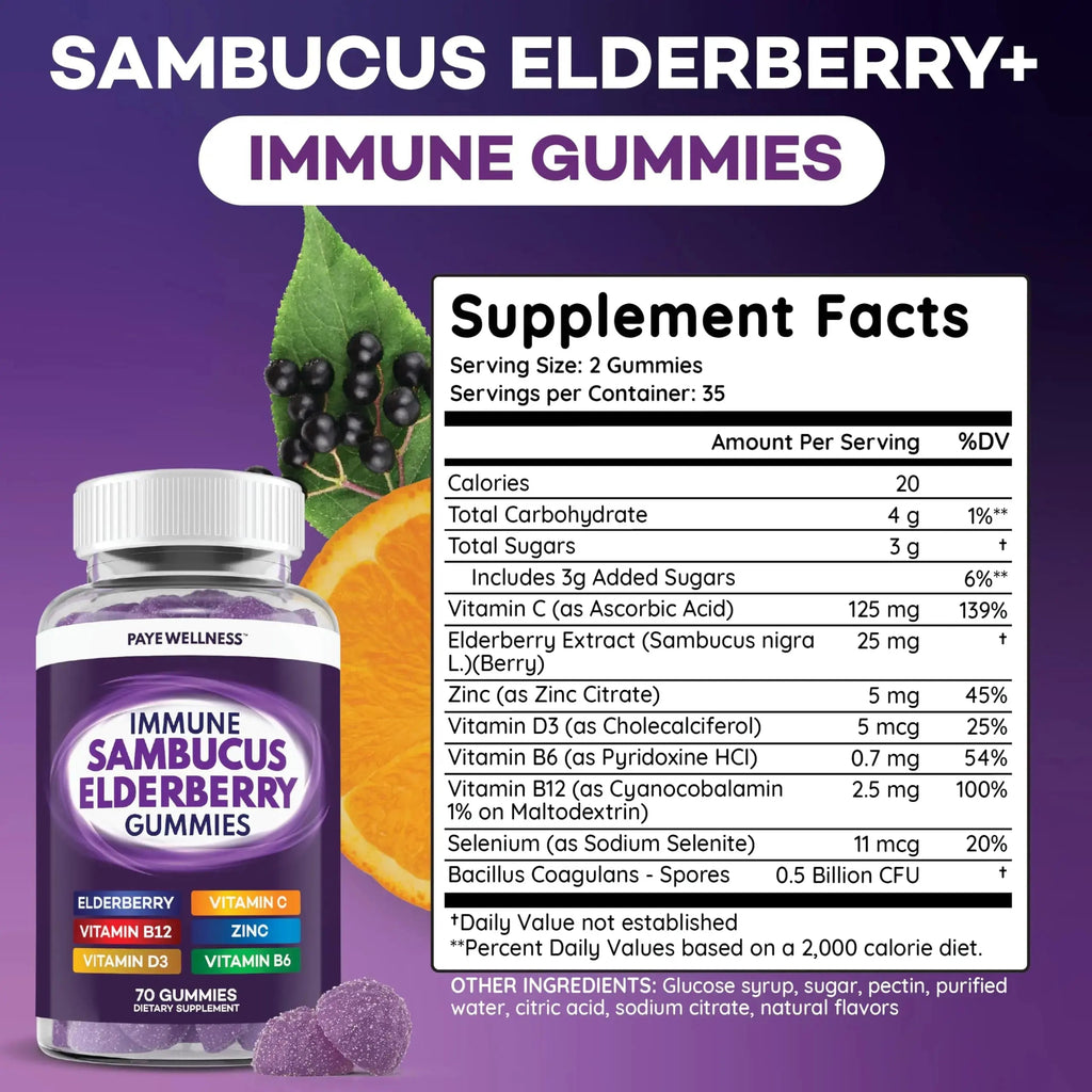 Elderberry Gummies Immune Support, Daily Support for Kids and Adults*, with Sambucus Elderberry, Zinc, Vitamin C, D3, B6, B12, Plus PAYÉ Au supplements