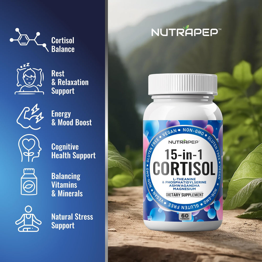 NutraPep Cortisol Detox Supplement Men Women - Reduce Lower Cortisol High Cortisol Reducer Blocker Control - Supports Stress Mood Rest Adrenal Calm Relax with Ashwagandha L-Theanine Magnesium NutraPep Au supplements
