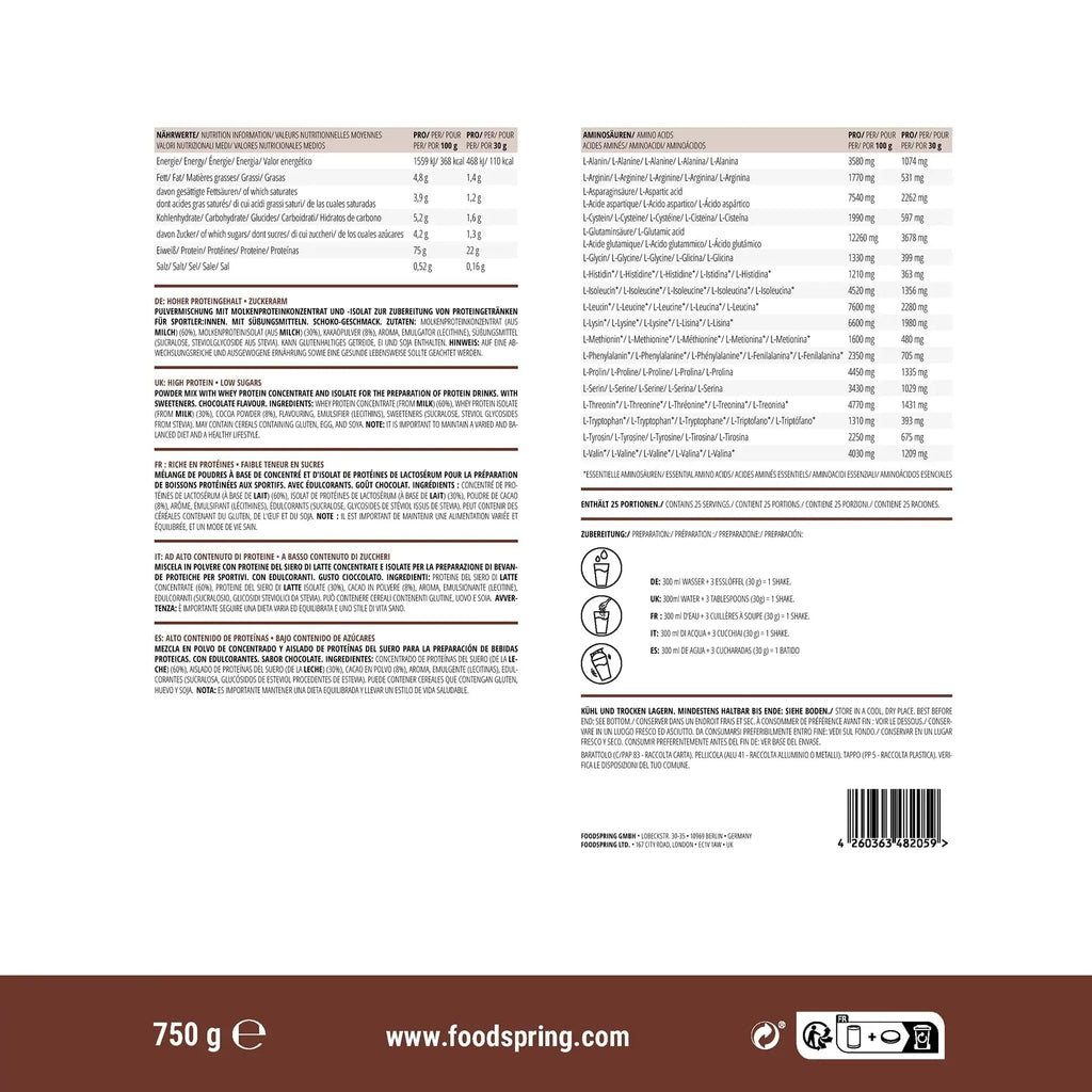 foodspring Whey Protein Powder Chocolate – with 22g Protein for Muscle Building, Perfect Solubility foodspring Au supplements