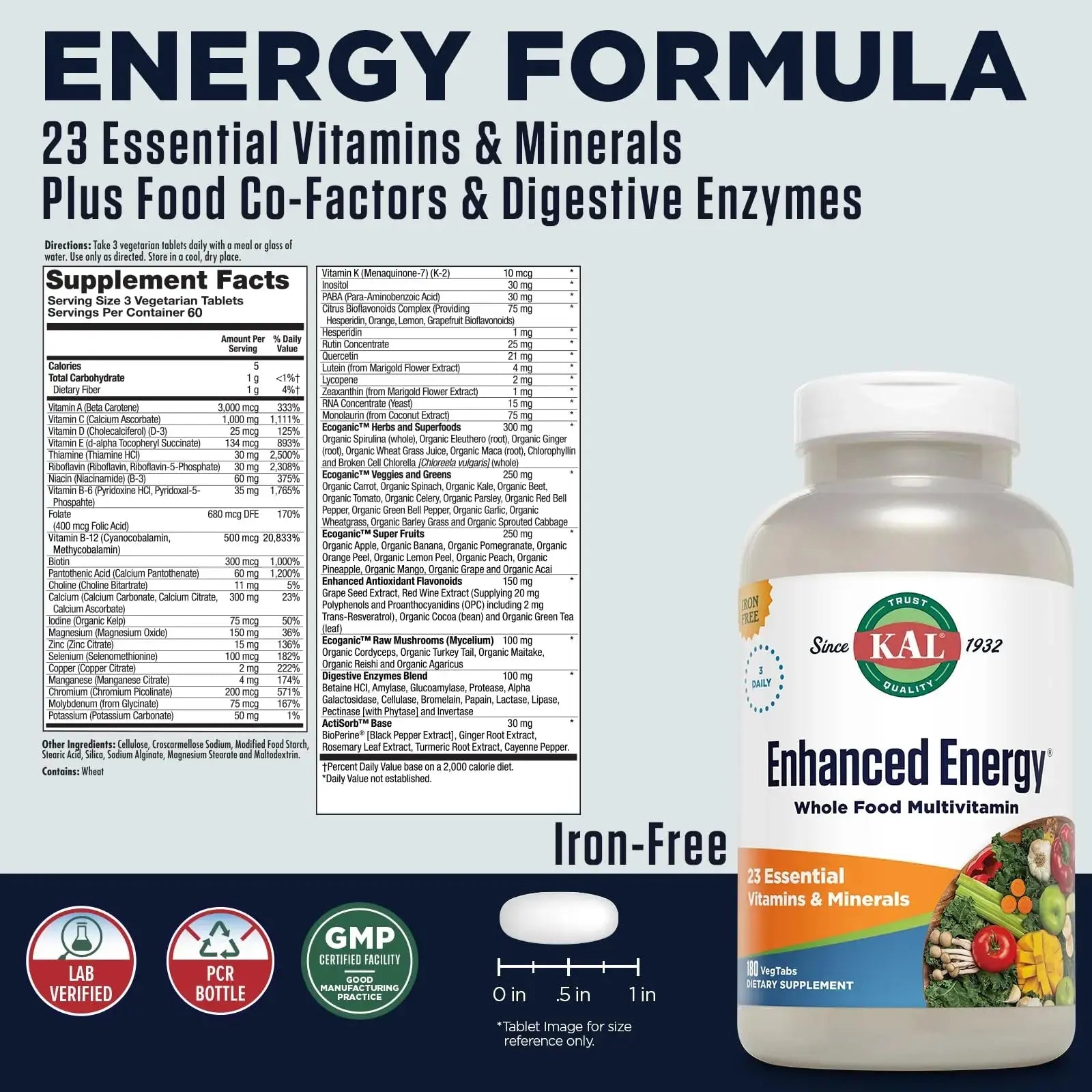 KAL® Enhanced Energy Multivitamin | Whole Food Based Vitamins & Minerals w/ Antioxidants, Digestive Enzymes & Natural Carotenoids | 180 Capsules KAL Au supplements