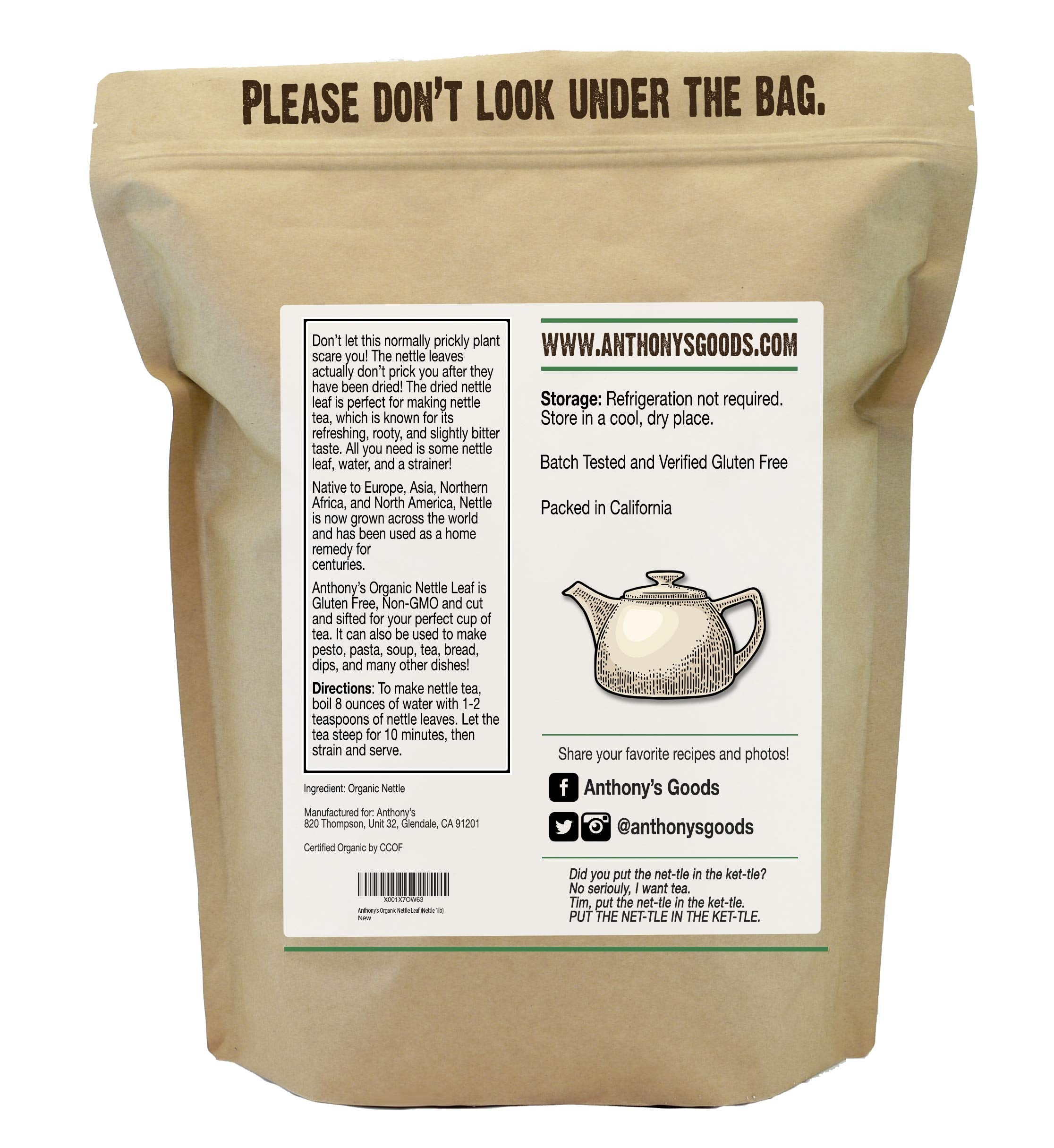 Anthony's Organic Nettle Leaf, 1 lb, Gluten Free, Non GMO, Cut & Sifted, Non Irradiated, Keto Friendly