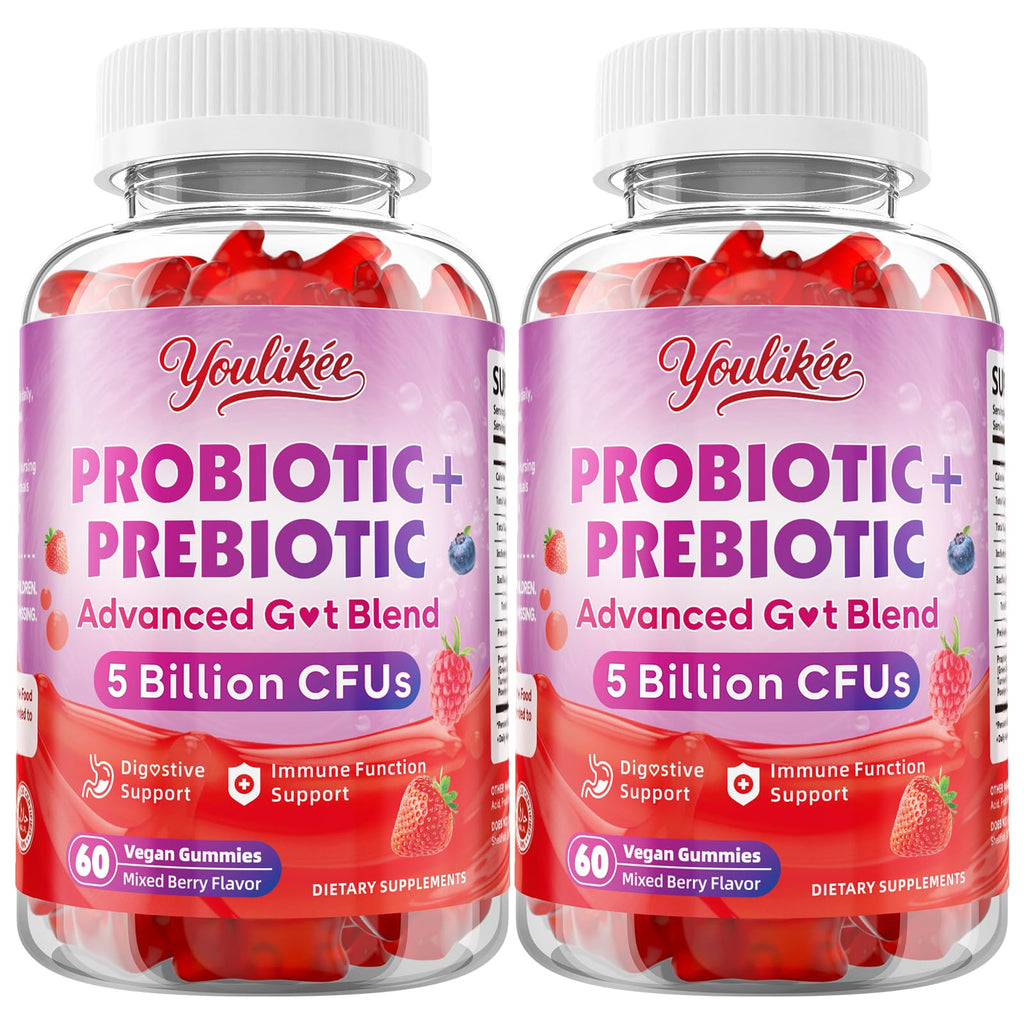 Youlikee 2 Pack Prebiotic + Probiotic Gummies for Women and Men, Probiotic Gummies Supports Gut Health, 5 Billion CFUs with Fibers,
