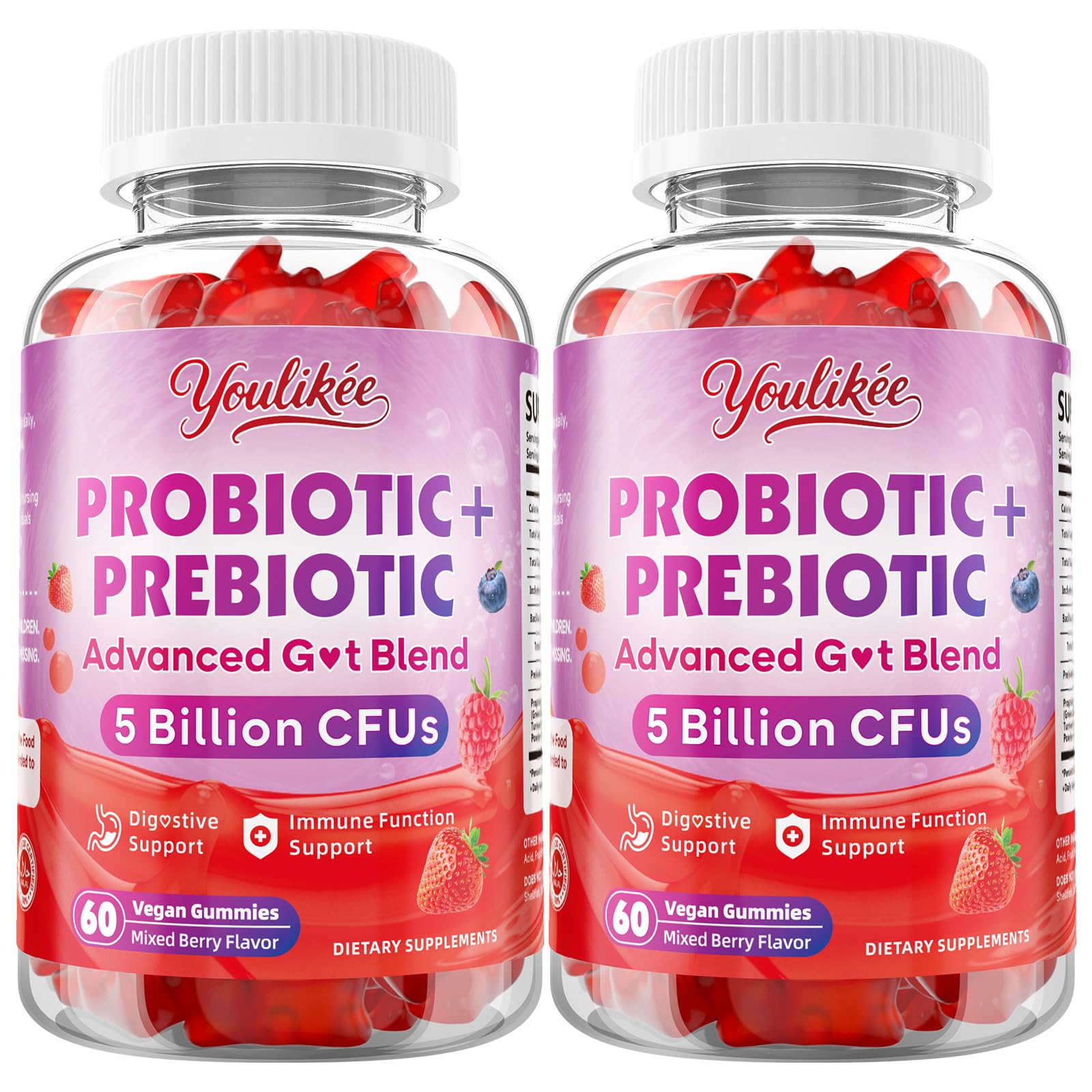 Youlikee 2 Pack Prebiotic + Probiotic Gummies for Women and Men, Probiotic Gummies Supports Gut Health, 5 Billion CFUs with Fibers,