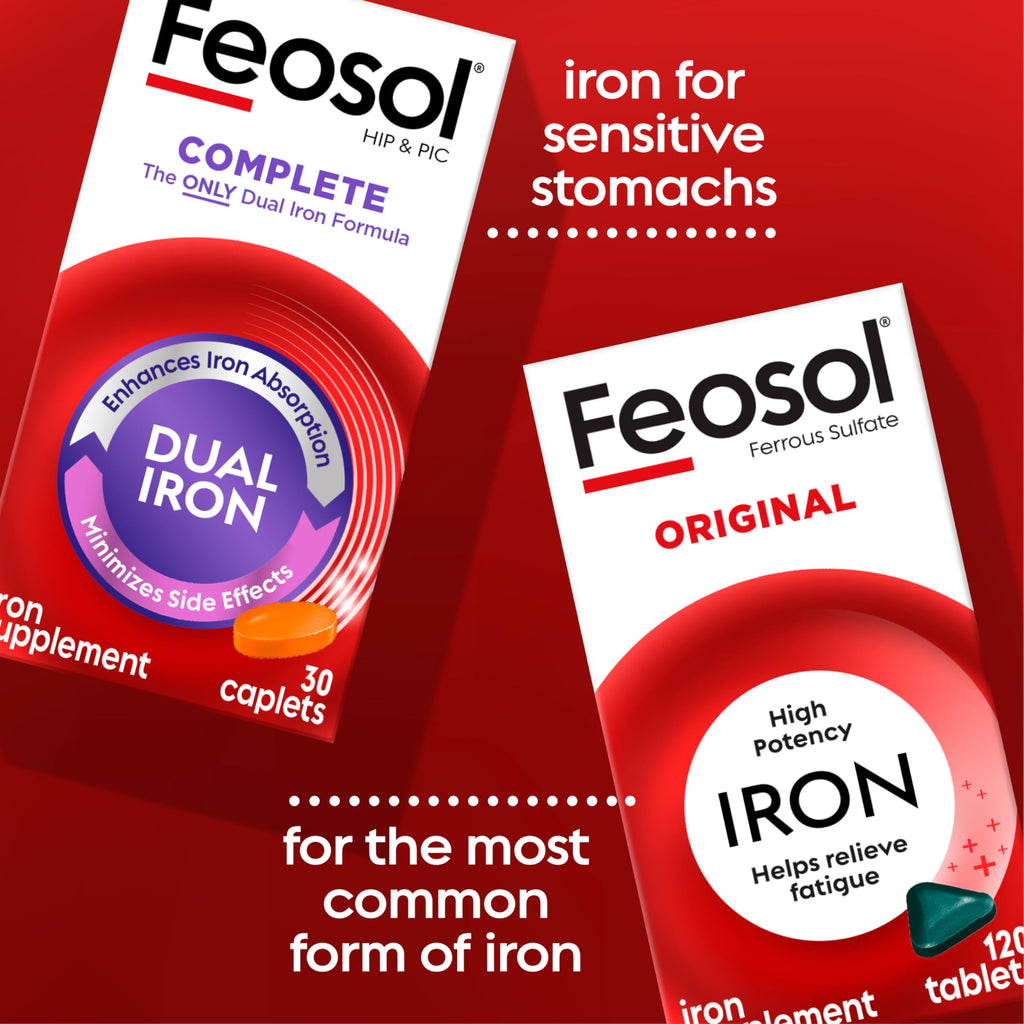 Feosol Complete Iron Supplement Caplets, Bifera Iron for High Absorption, Heme and Non-Heme Dual Action Minimizes Side Effects, 1 Per Day