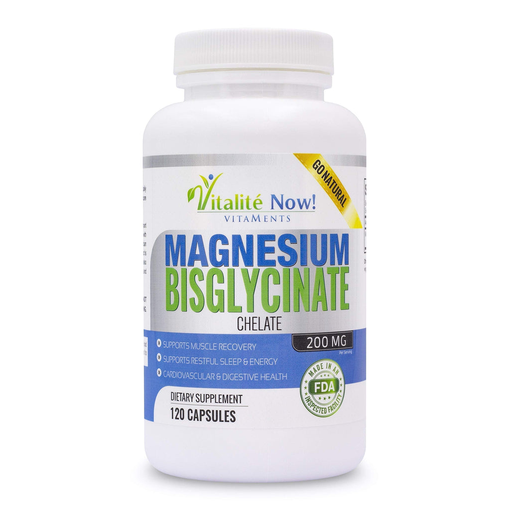 Vitalité Now! Magnesium Bisglycinate 200mg - 100% Chelated Capsules for Superior Absorption - Gentle Formula, No Laxative Effect - Sleep Energy Cramps Muscle Support - Fully Reacted & Buffered Vitalité Now! Au supplements