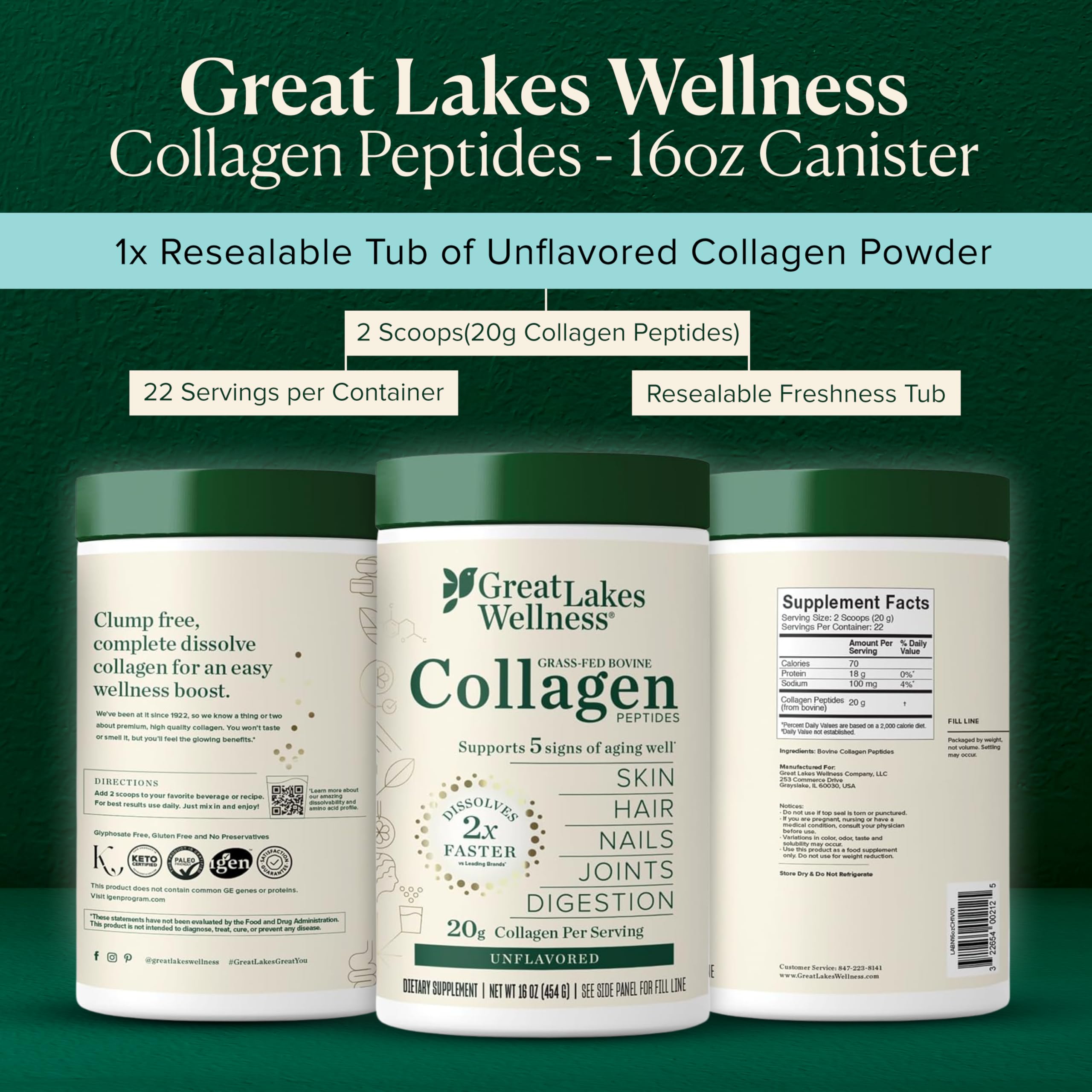 Great Lakes Wellness Collagen Peptides Powder – Supports Skin, Hair, Nails, Joints & Digestion – Hydrolyzed, Quick Dissolve