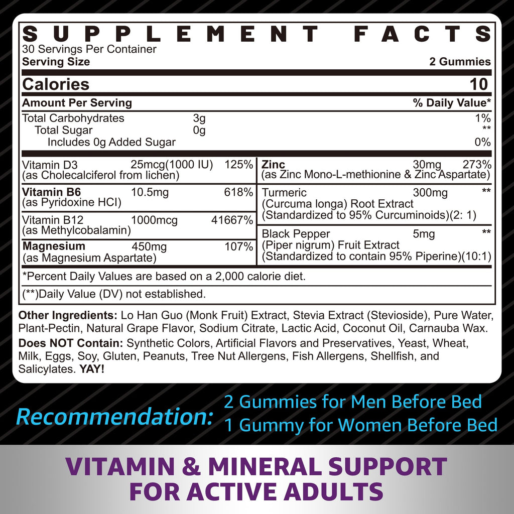 Zinc and Magnesium Supplement, Zinc Magnesium Aspartate Post Workout Gummies for Men Women, with Vitamin B6, B12, D3, Turmeric for Nighttime Recovery, Reduce Fatigue