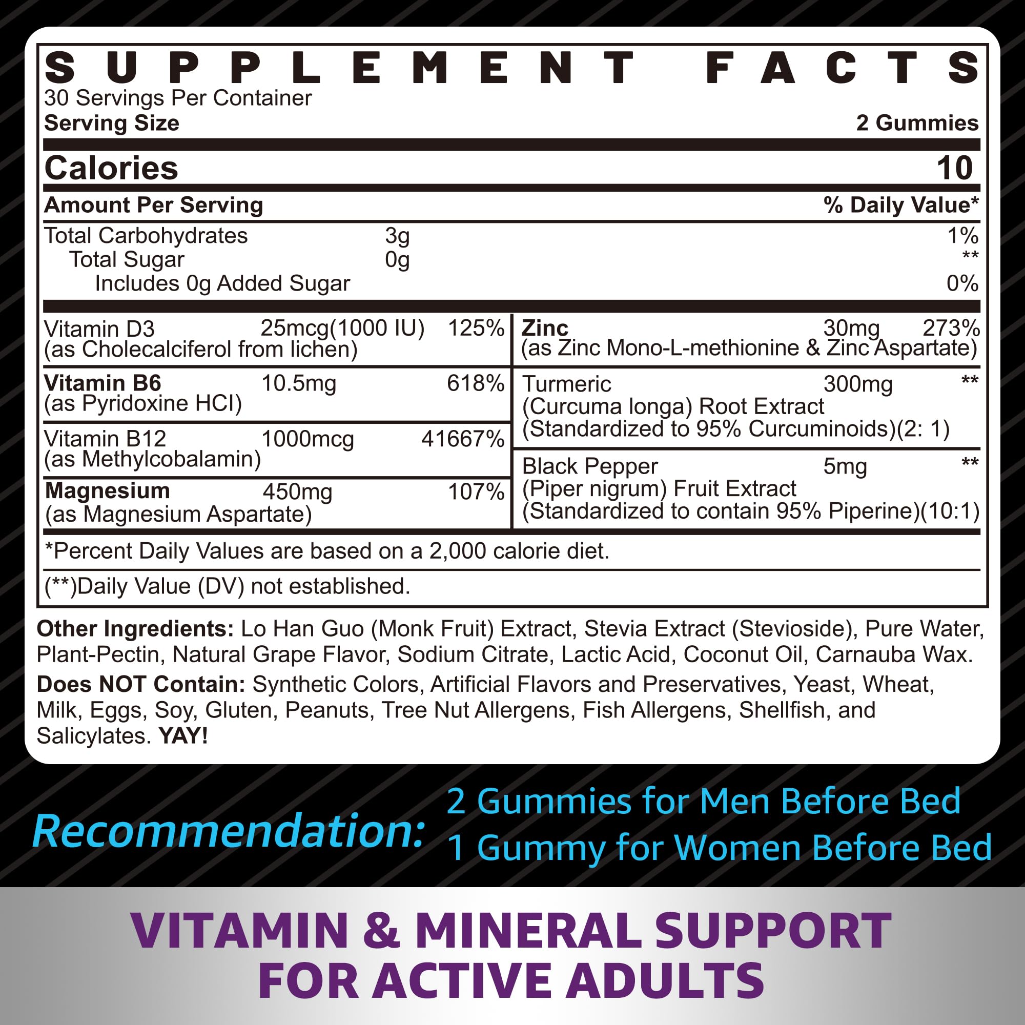 Zinc and Magnesium Supplement, Zinc Magnesium Aspartate Post Workout Gummies for Men Women, with Vitamin B6, B12, D3, Turmeric for Nighttime Recovery, Reduce Fatigue