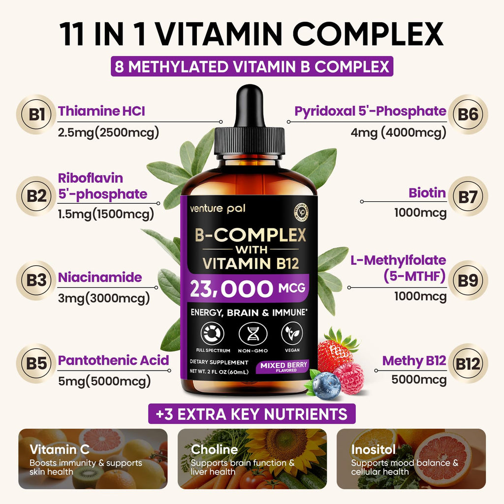 Venture Pal Vitamin B Complex Liquid Drops, B12 Methylcobalamin | B9 Folic | B1,B2,B3,B5,B6,B16 - Vitamin C, Choline, Inositol