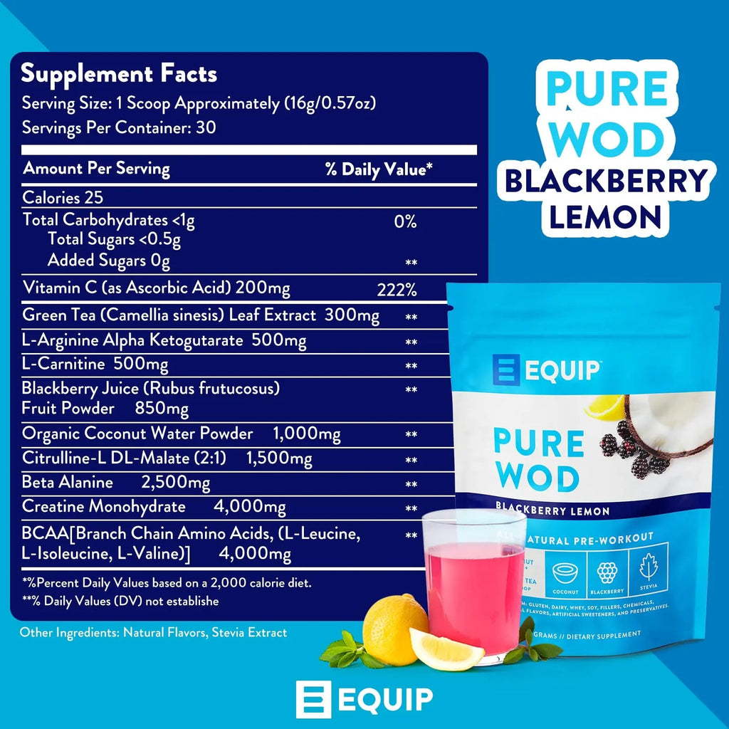 Equip Foods PureWOD All Natural Pre-Workout Powder - 200mg Green Tea Caffeine, BCAA Equip Au supplements