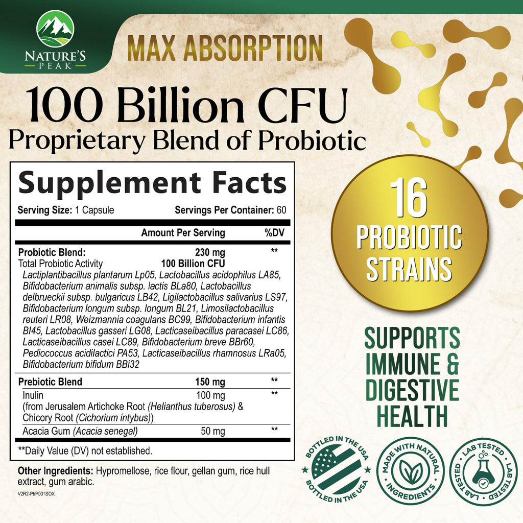 Probiotics 100 Billion CFU Per Serving - 16 Premium Probiotic Strains Prebiotics - Immune Support, Gut Health, Occasional Constipation, Gas & Bloating, Probiotics Supplement, USA Bottled, 60 Capsules Nature's Peak Au supplements