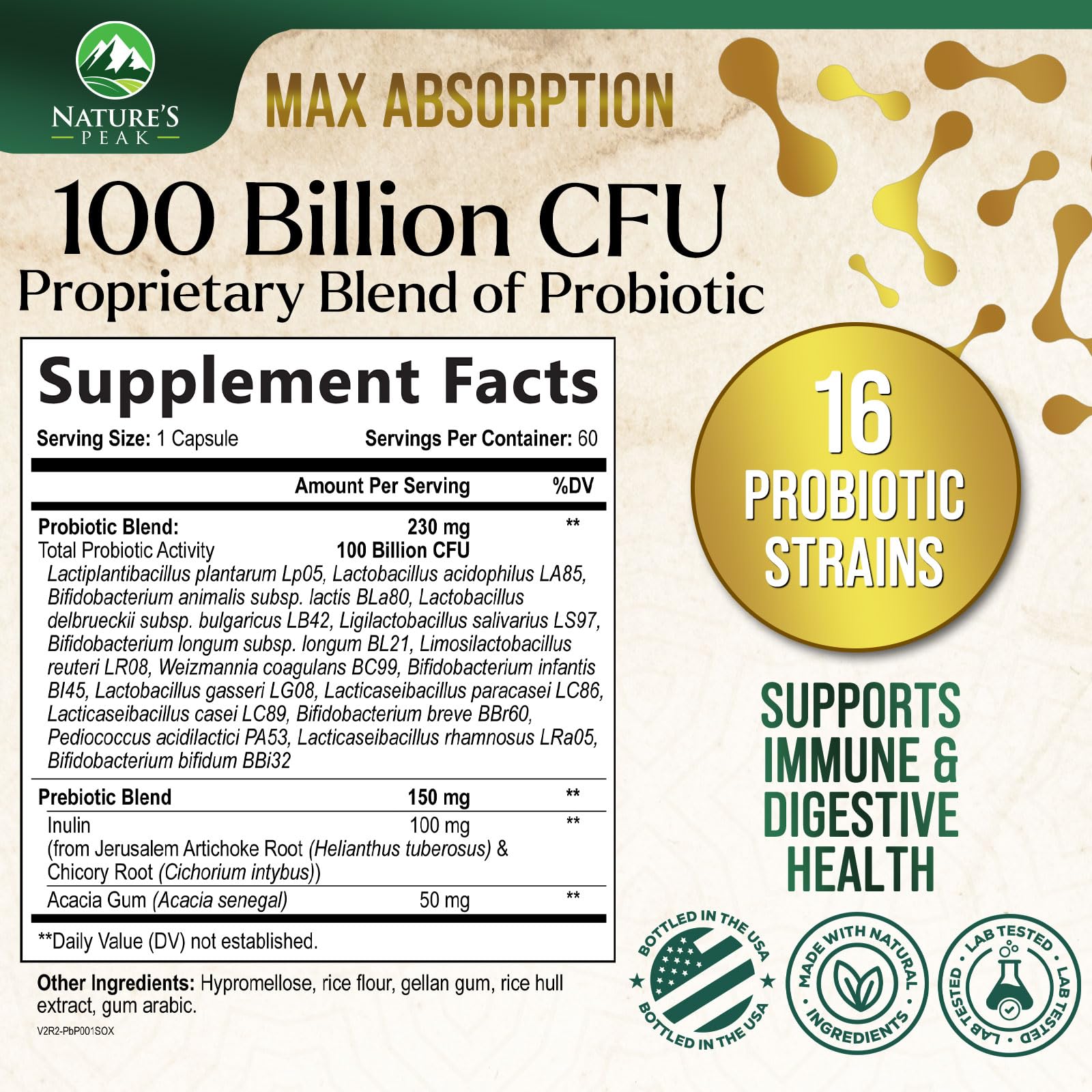 Probiotics 100 Billion CFU Per Serving - 16 Premium Probiotic Strains Prebiotics - Immune Support, Gut Health, Occasional Constipation, Gas & Bloating, Probiotics Supplement, USA Bottled, 60 Capsules Nature's Peak Au supplements