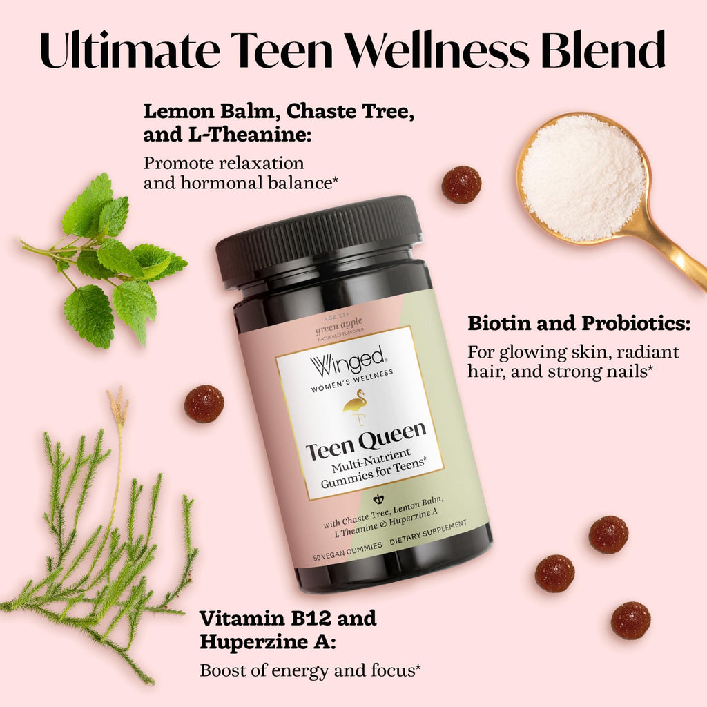 Winged Wellness Multivitamin Gummies for Teen Girls - Teen Vitamins for Mood & Hormonal Health - Vegan Gummy Supplement with Chaste Tree, Lemon Balm, L-Theanine, Probiotics & Biotin - 50 Gummies Winged Wellness Au supplements