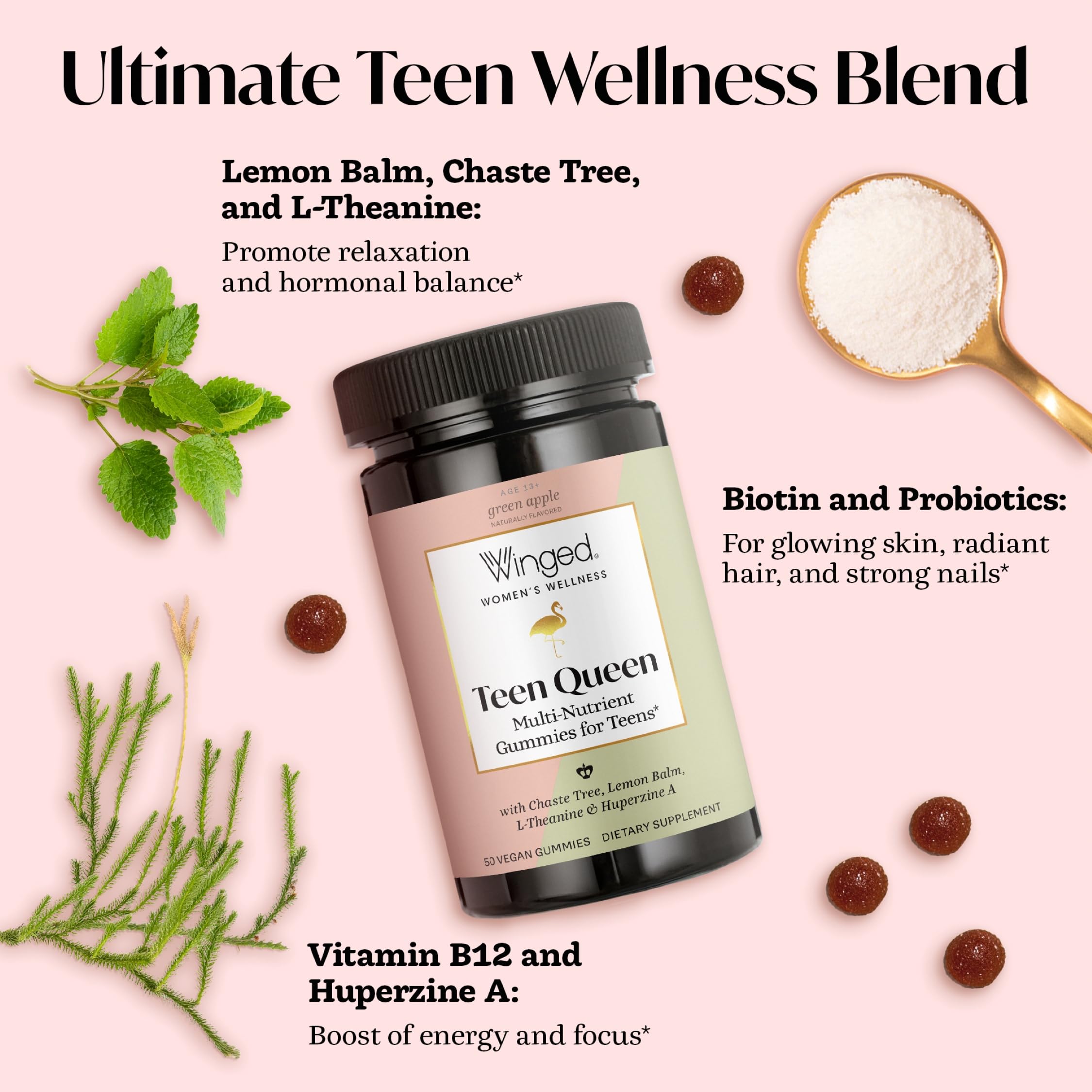 Winged Wellness Multivitamin Gummies for Teen Girls - Teen Vitamins for Mood & Hormonal Health - Vegan Gummy Supplement with Chaste Tree, Lemon Balm, L-Theanine, Probiotics & Biotin - 50 Gummies Winged Wellness Au supplements
