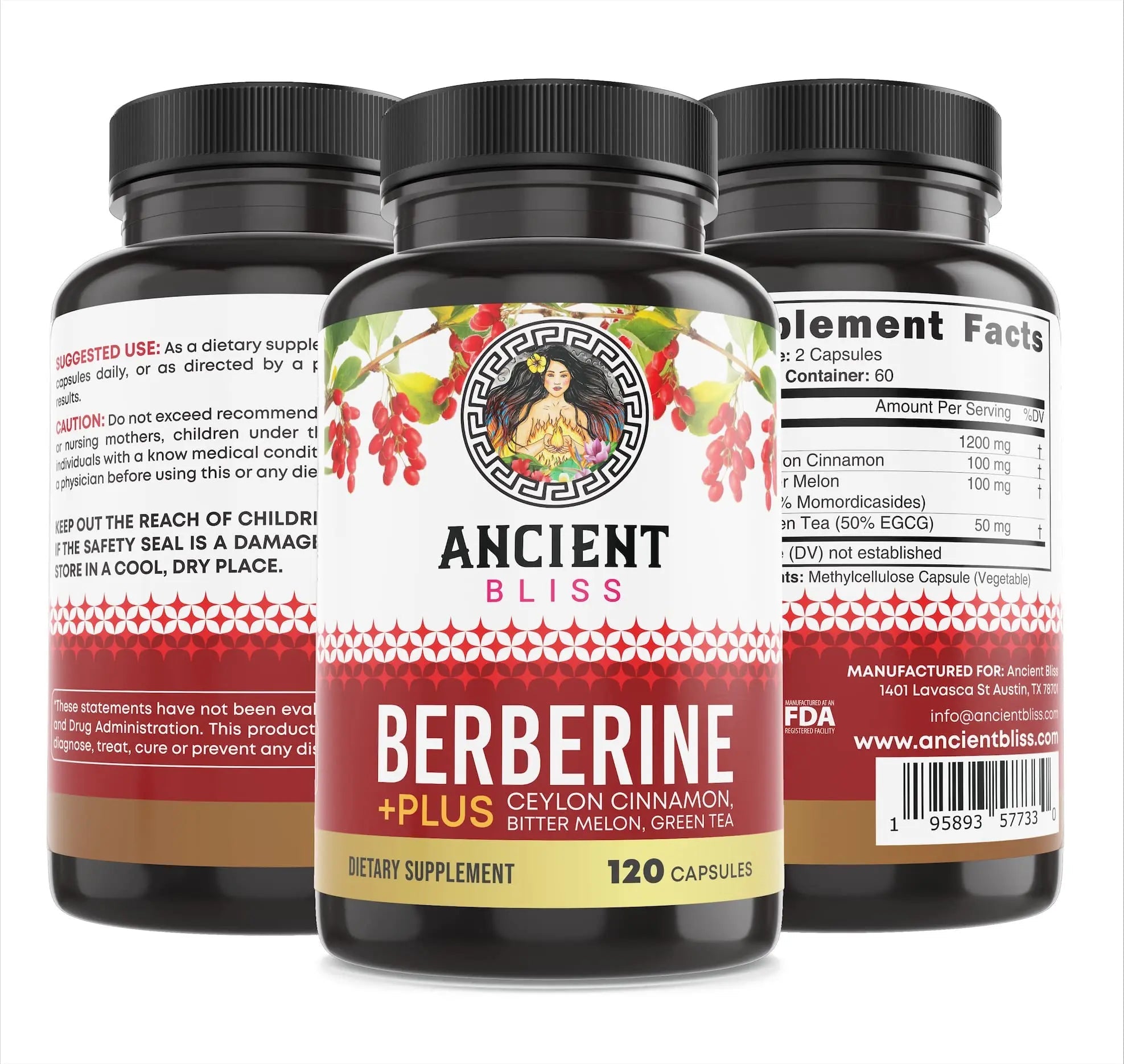 Ancient Bliss Berberine HCL 1200mg with Ceylon Cinnamon, Bitter Melon, and Green Tea Ancient Bliss Au supplements