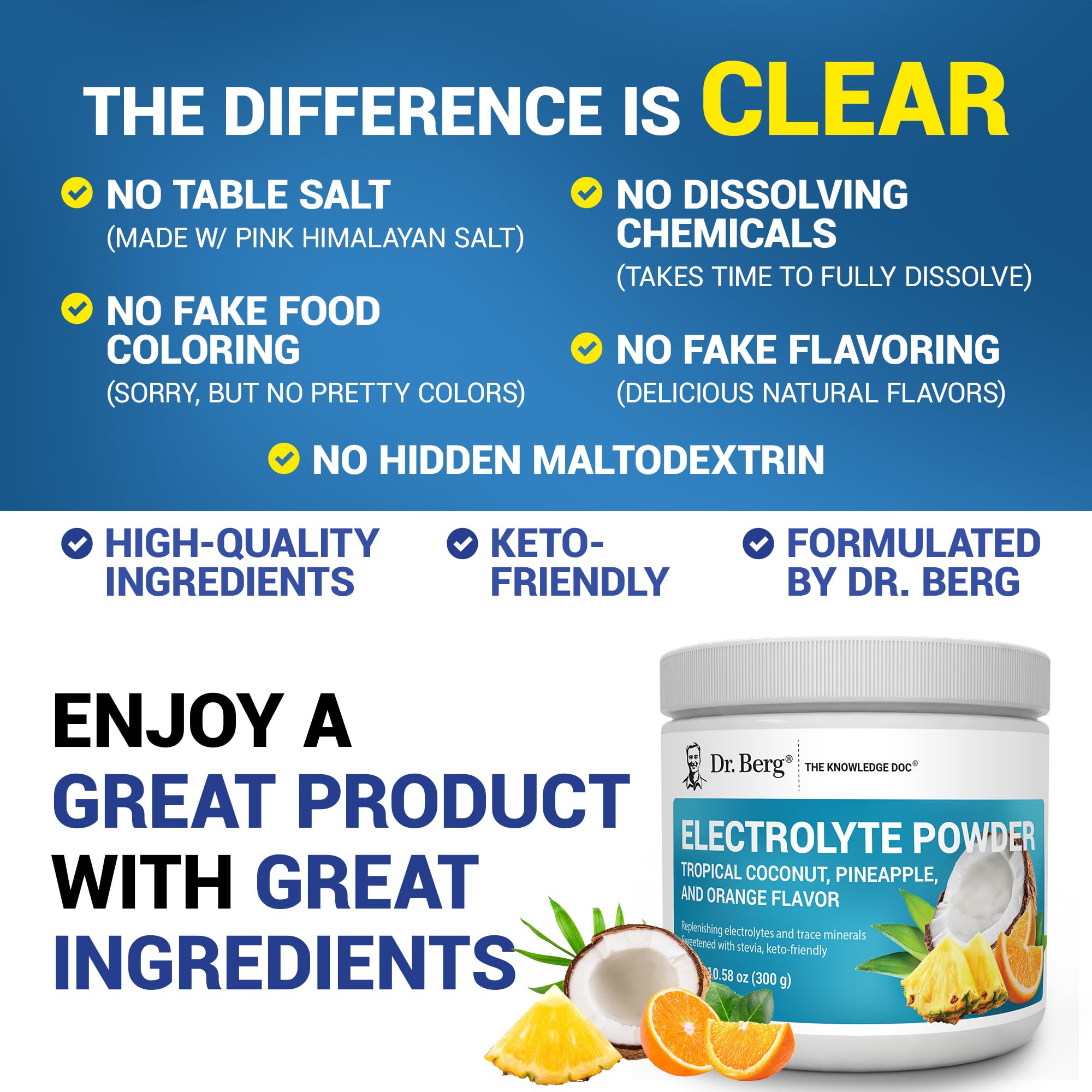 Dr. Berg Zero Sugar Hydration Keto Electrolyte Powder - Enhanced w/ 1000 mg of Potassium & Real Pink Himalayan Salt (NOT Table Salt) - Tropical Coconut