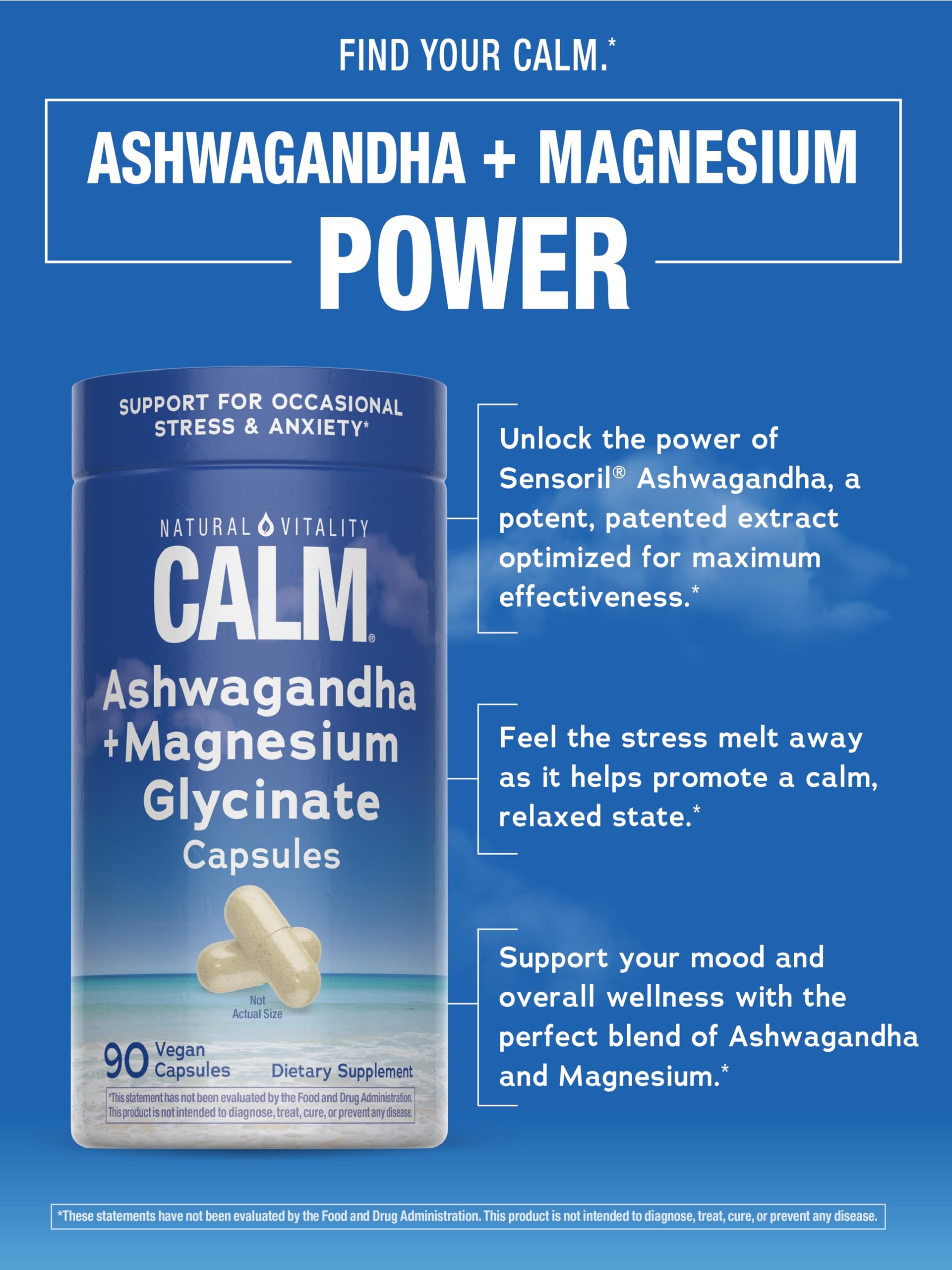 Natural Vitality Calm Ashwagandha + Magnesium Glycinate Capsules | Support for Occasional Stress & Anxiety | Gluten Free Supplement | 90 Count Natural Vitality Au supplements
