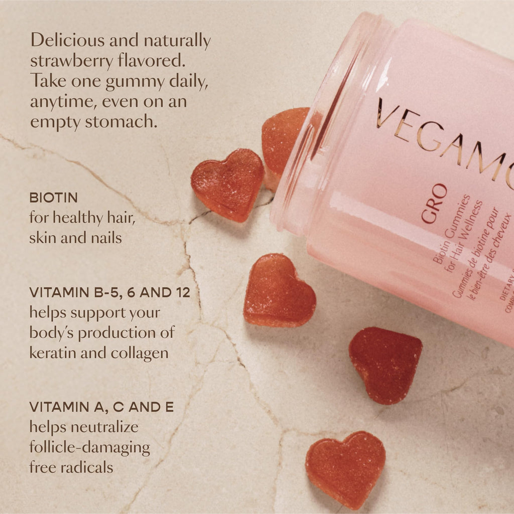 VEGAMOUR GRO Biotin Gummies, Strawberry Flavor with 5000 mcg Biotin, Supports Healthy Hair Vegan Gummies with Vitamins A, B, C, E, B-12 & More, 30 Ct VEGAMOUR Au supplements