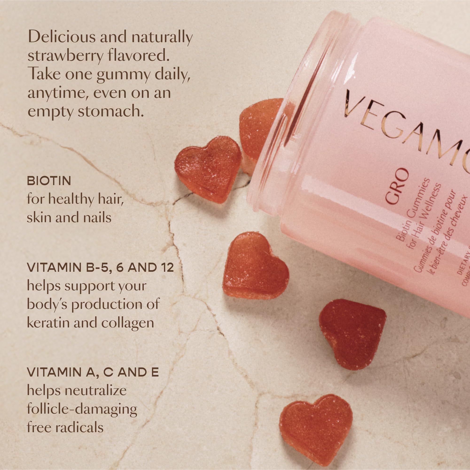 VEGAMOUR GRO Biotin Gummies, Strawberry Flavor with 5000 mcg Biotin, Supports Healthy Hair Vegan Gummies with Vitamins A, B, C, E, B-12 & More, 30 Ct VEGAMOUR Au supplements