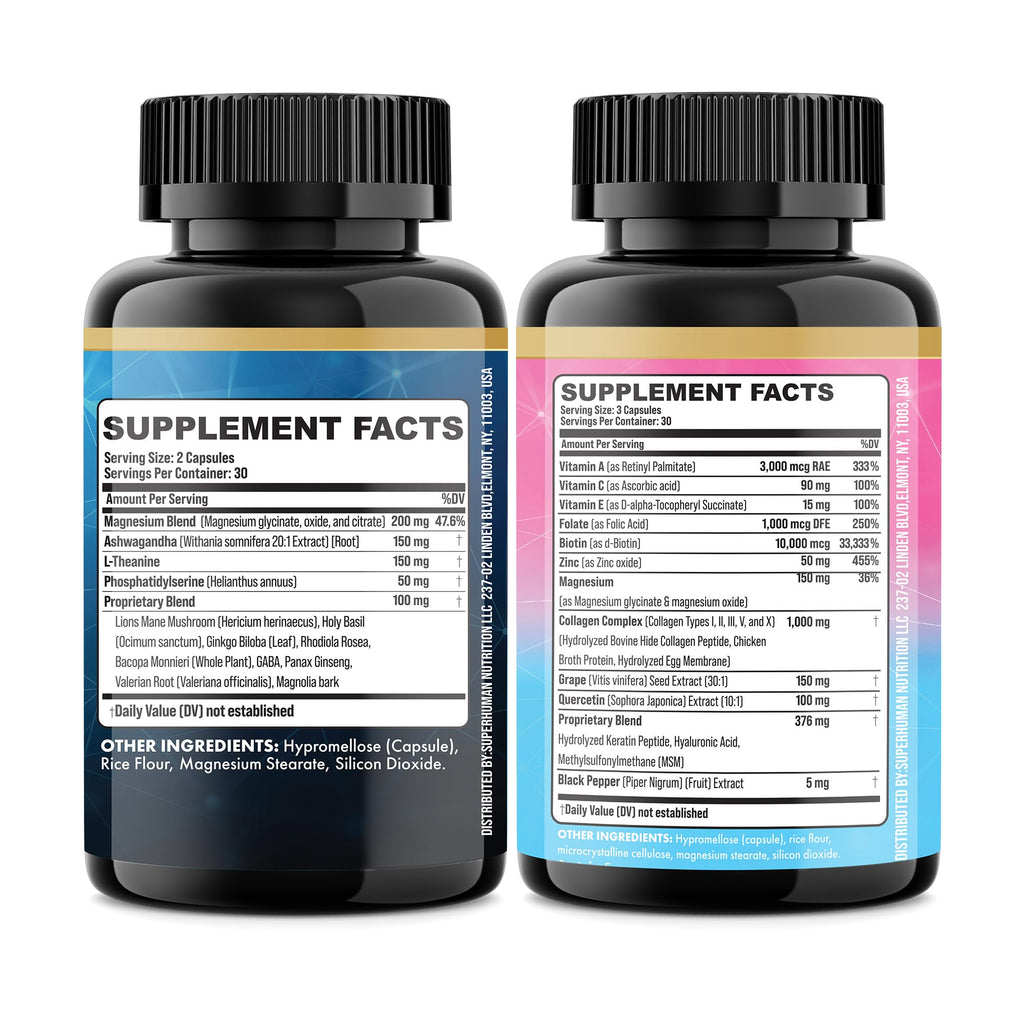 Parrox Shining Serenity Set, Cortisol Support with Ashwagandha, L-Theanine, Magnesium, Lions Mane, GABA, Bacopa Monnieri, Collagen I, II, III, V, X, Folate, Biotin, Keratin, Hyaluronic Acid, Quercetin Parrox Au supplements