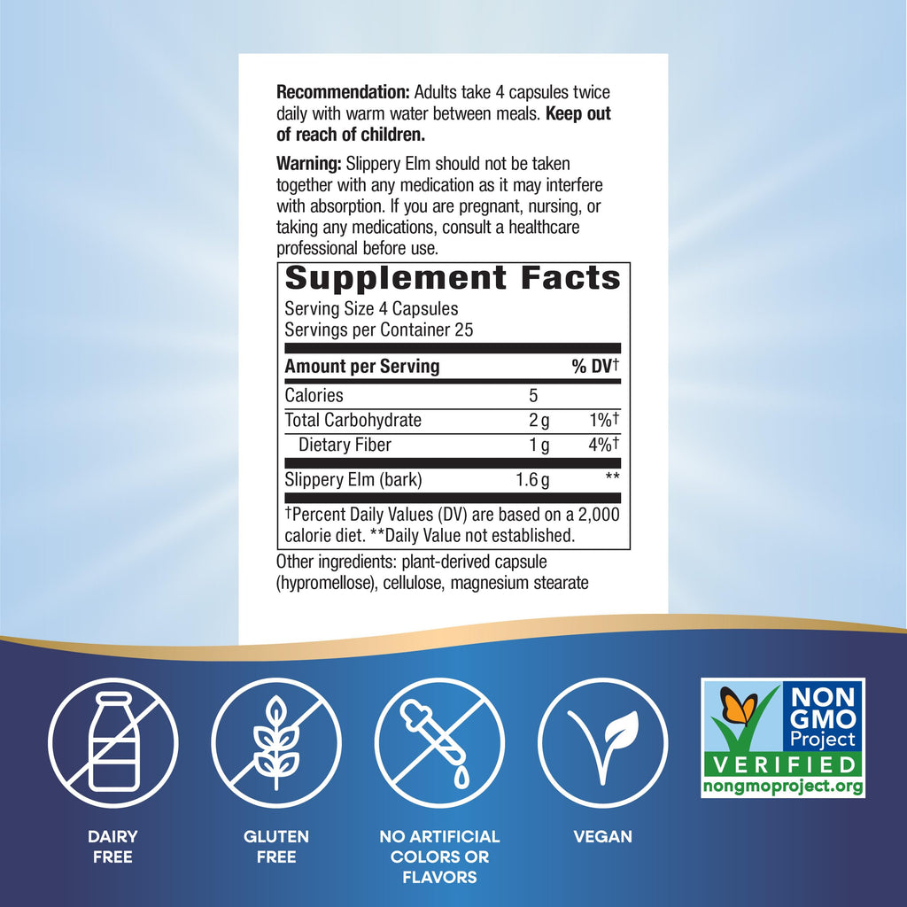 Nature’s Way Slippery Elm Bark Capsules, Traditional Digestive Support to Soothe Gastrointestinal Tract*, 1,600 mg per 4-Capsule Serving