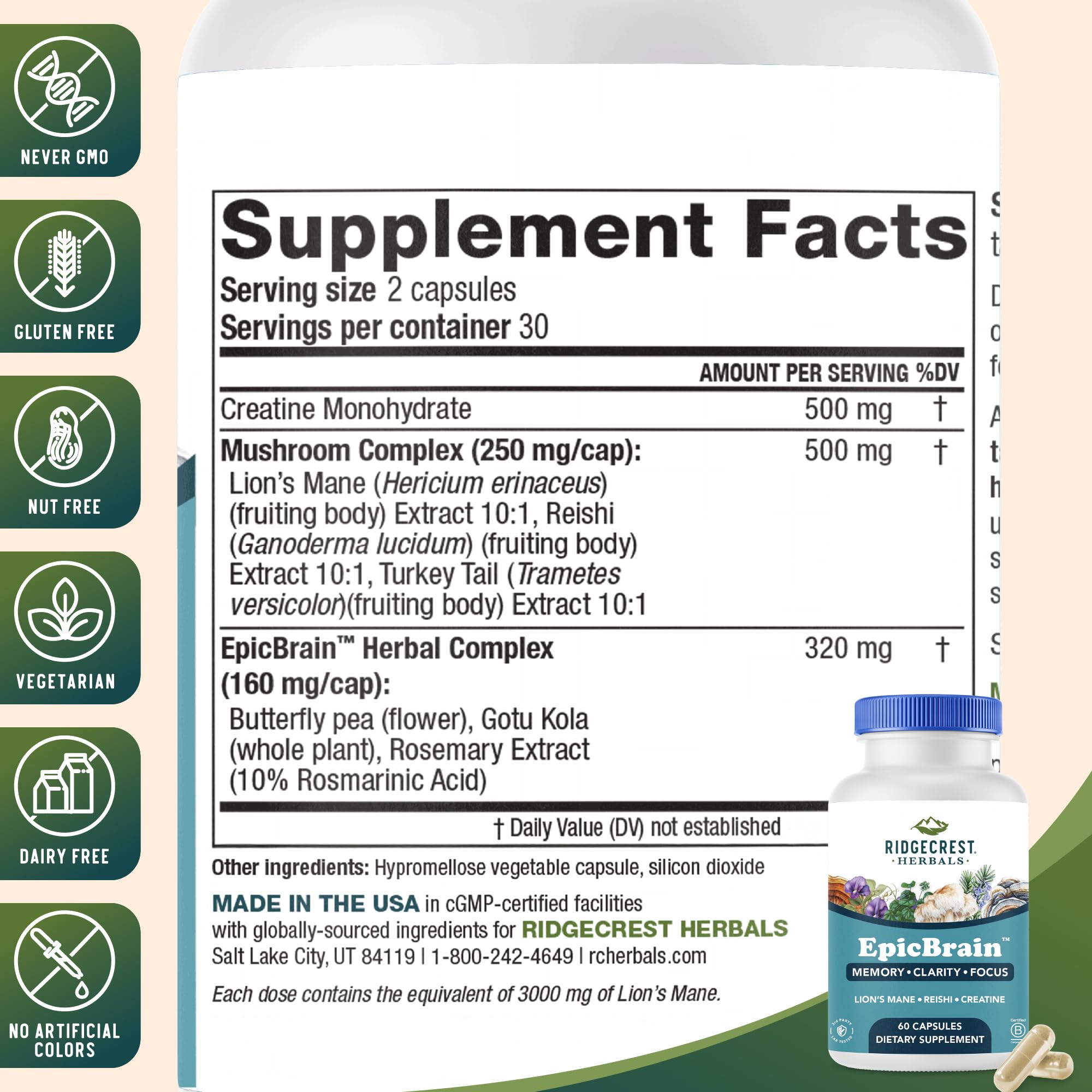 RidgeCrest Herbals EpicBrain, Natural Brain Support Supplement with Creatine Monohydrate, Lion's Mane, Reishi, Supports Mental Clarity, Memory, Focus, Stimulant-Free Nootropic (60 Count, 30 Servings) RidgeCrest Herbals Au supplements