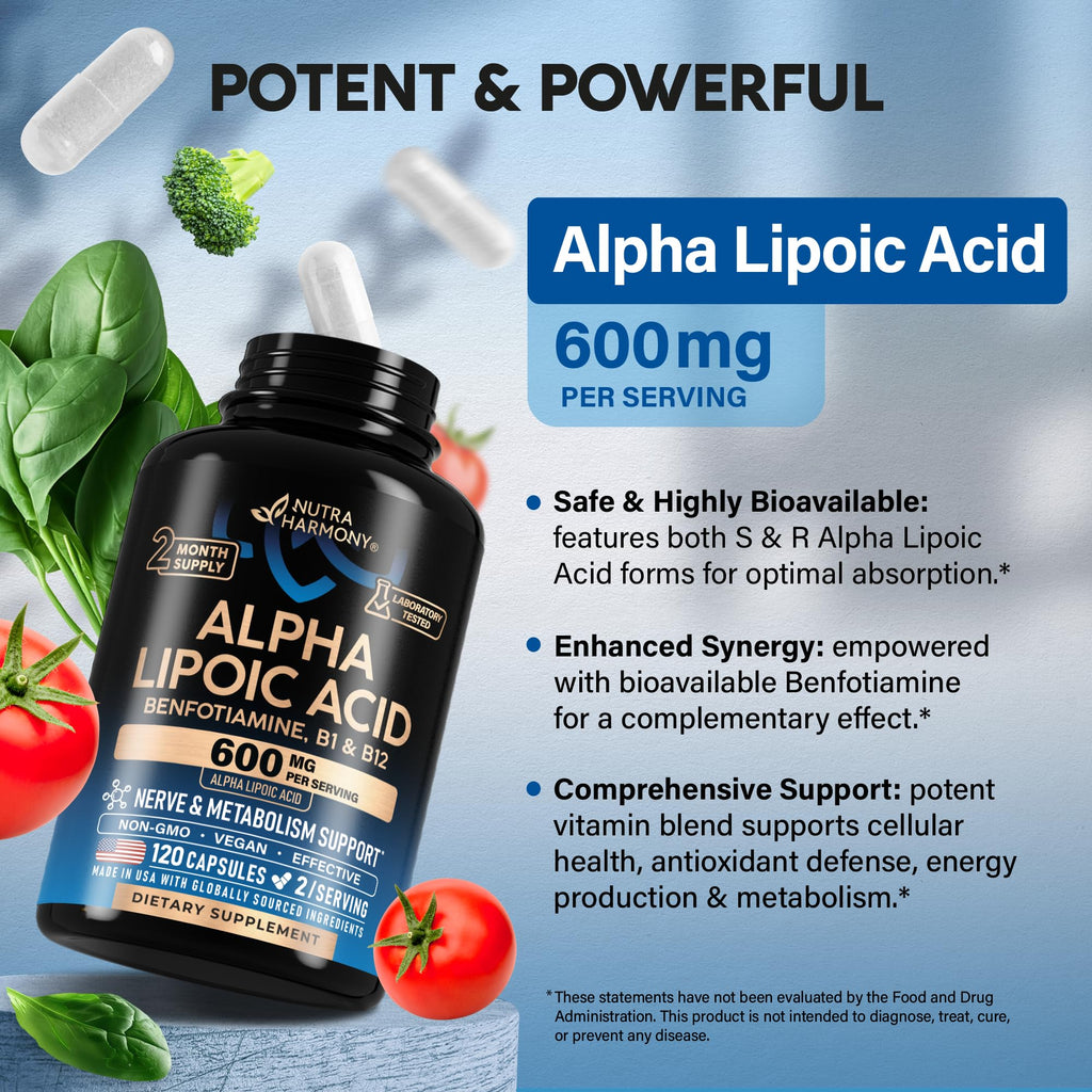 Alpha Lipoic Acid 600mg - ALA Supplement Antioxidant for Nerve, Energy & Metabolism Support - Extra Strength with Benfotiamine, B1 & B12 - Lab Tested, NON-GMO & Vegan