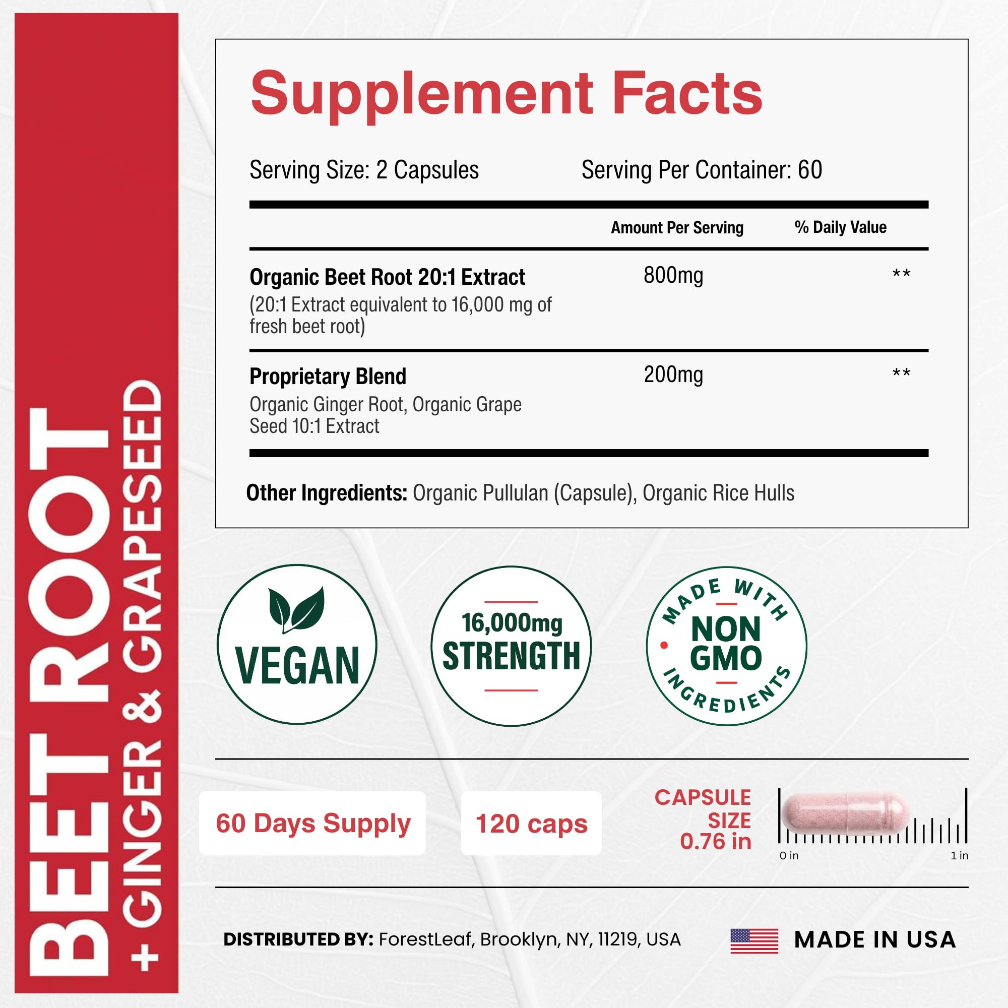 ForestLeaf USDA Organic Beet Root Capsules - Beetroot Supplement 1000mg 20:1 Extract w/Ginger Grape Seed - Support Blood Pressure, Nitric Oxide