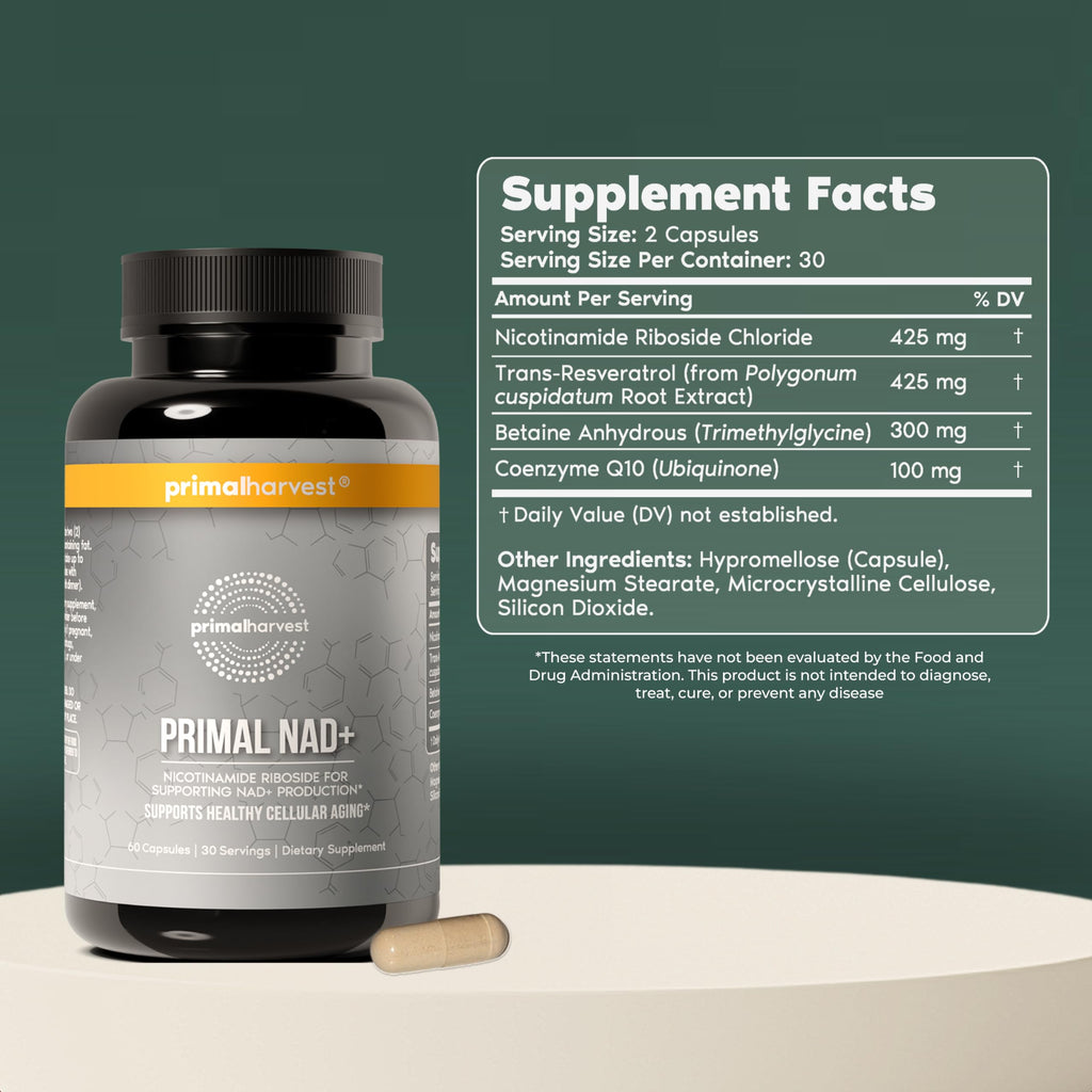Primal Harvest NAD+ Supplement: Nicotinamide Riboside, Trans-Resveratrol, Betaine, CoQ10, NAD Supplements for Cellular Health, Energy, and Mitochondrial Support (60 Count (1 Pack) Primal Harvest Au supplements