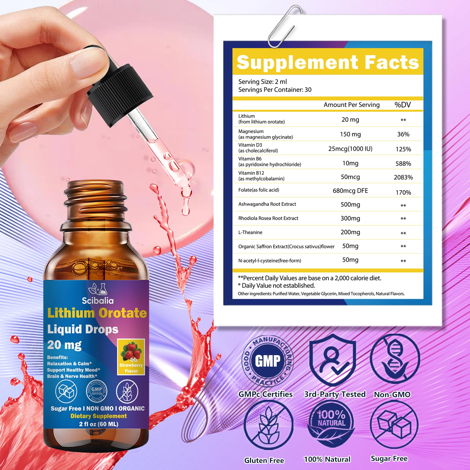 Scibalia Lithium Orotate Liquid Drops 20mg, Potency 11-in-1 Lithium Supplement w. NAC Magnesium Ashwagandha Theanine Vitamin D3 B6 B12 for Memory Brain Mood Cognitive Support,