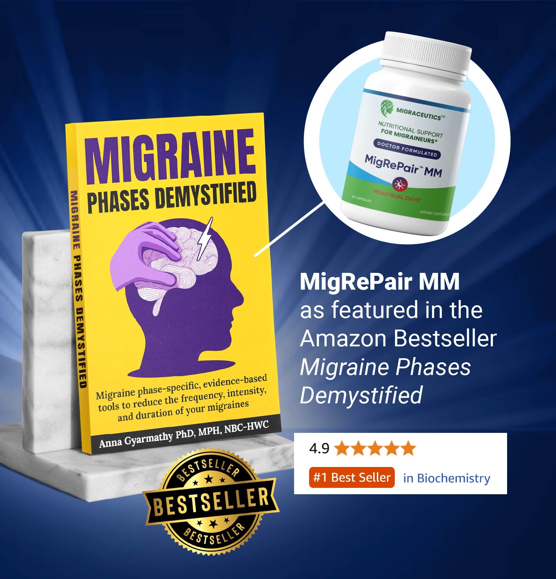 MigRePair MM Bottle of 60 - Doctor Formulated Natural Herbal Migraine Supplement for Women, Menstrual Migraine Relief, Hormonal Migraine Support with Feverfew, White Willow Bark Pine Bark & Grape Seed Migraceutics Au supplements
