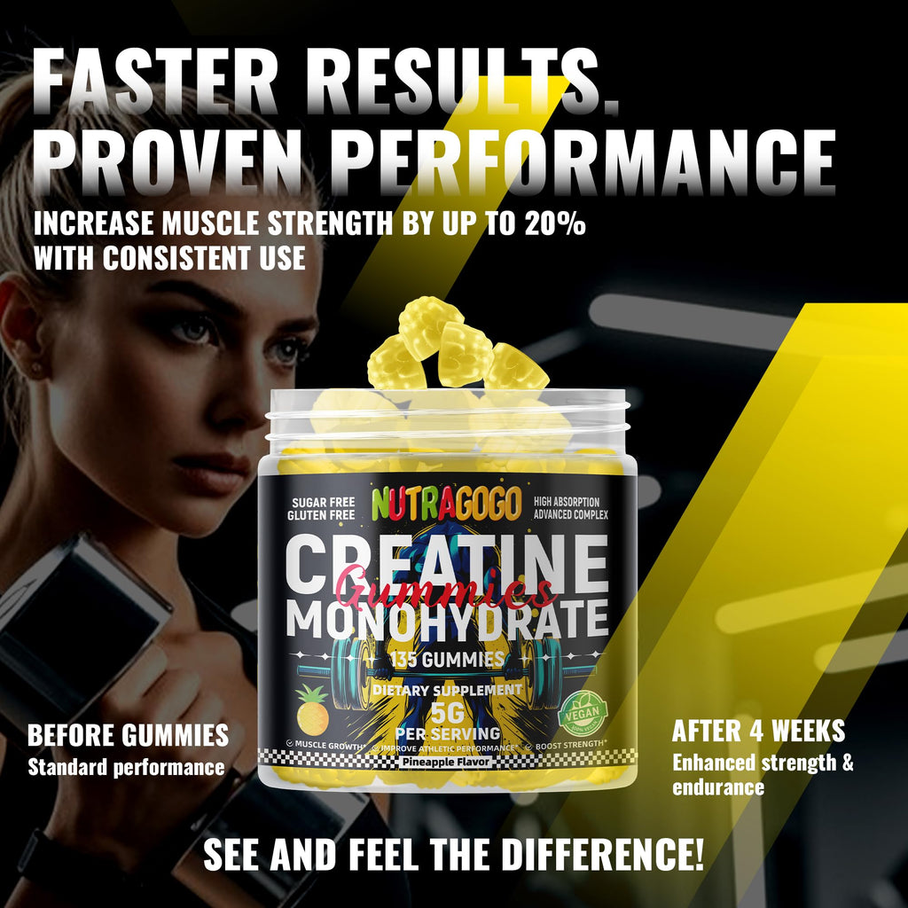 NUTRAGOGO NSF Certified Creatine Gummy - Creatine Monohydrate Gummies for Men & Women-5g of Creatine Monohydrate per Serving - Sugar Free,Vegan, Pineapple Electrolyte Chews, 135 Count