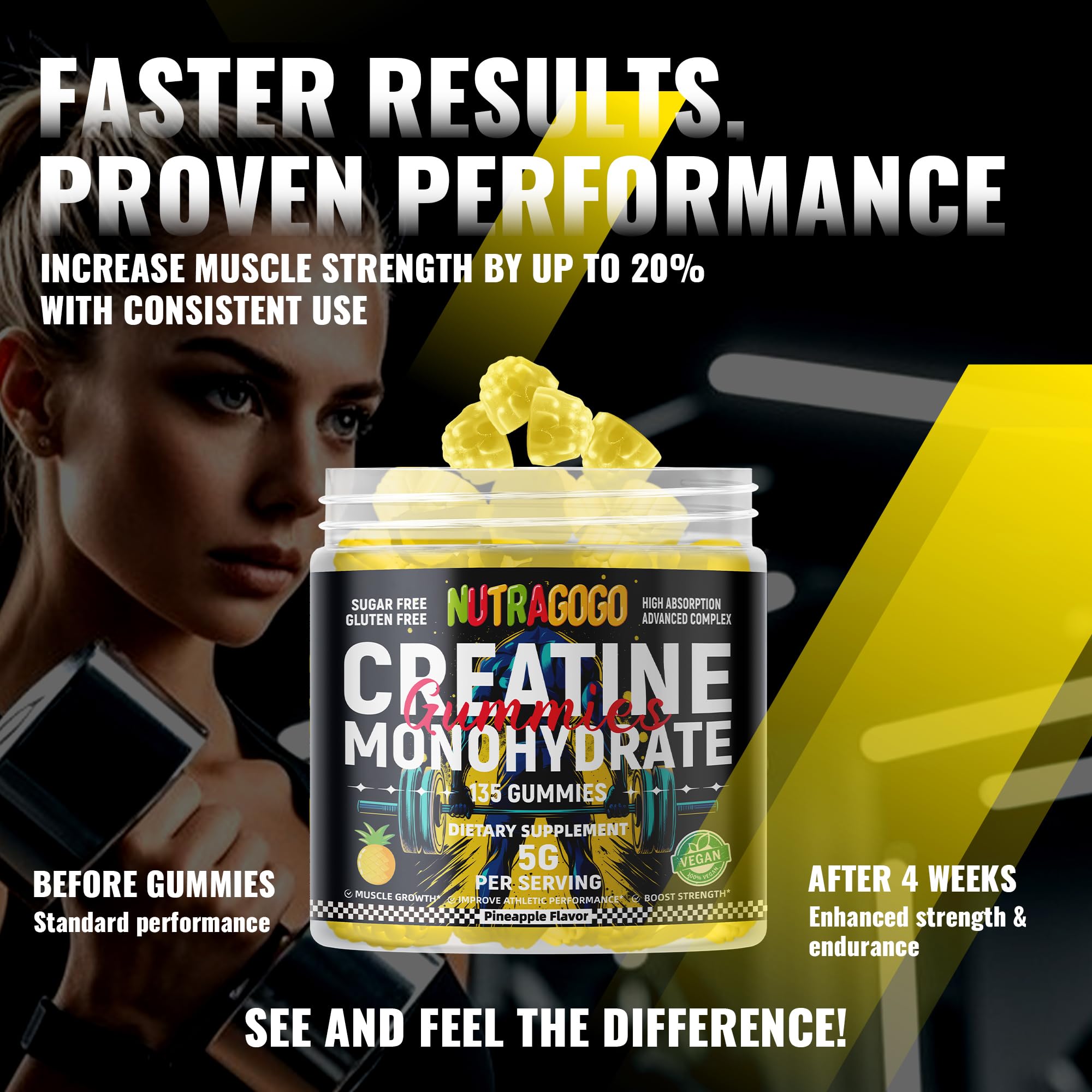 NUTRAGOGO NSF Certified Creatine Gummy - Creatine Monohydrate Gummies for Men & Women-5g of Creatine Monohydrate per Serving - Sugar Free,Vegan, Pineapple Electrolyte Chews, 135 Count