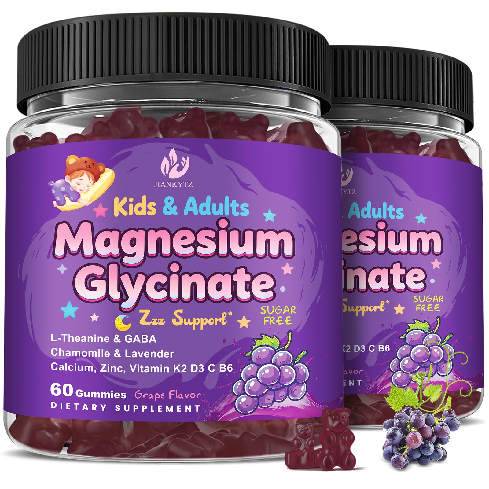 (2Pack) Sugar Free Magnesium Glycinate Gummies for Kids & Adults - Zzz Support, Relaxation & Cognition Support, 200/400mg Magnesium Gummies with L-Theanine,