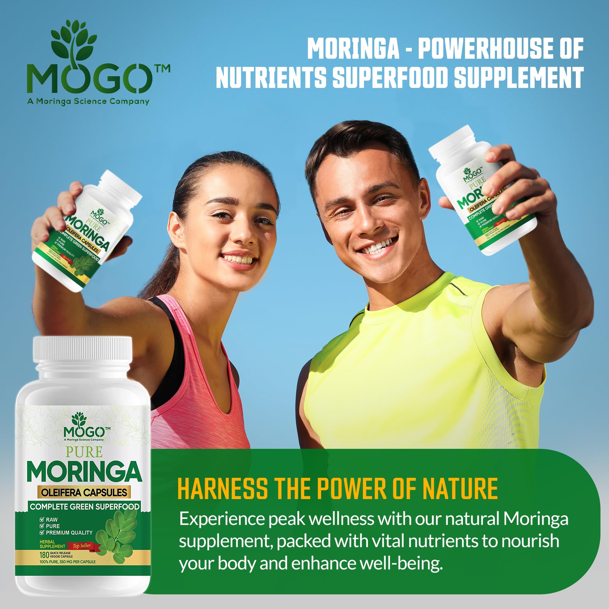 MOGO Moringa Capsules -180 Ct| Boost Energy, Immune, Gut, Joint Support | Made with Pure Organic Moringa Powder Organic Capsules | Made in USA