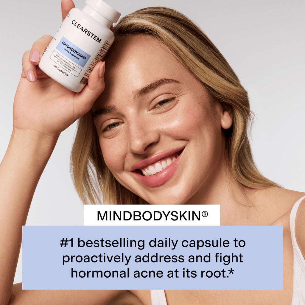 CLEARSTEM - MINDBODYSKIN Hormonal Acne Supplement (5-HTP) - Natural DIM Supplement - Skin Care Vitamins - Hormone Balance, Antioxidants - Gluten Free,