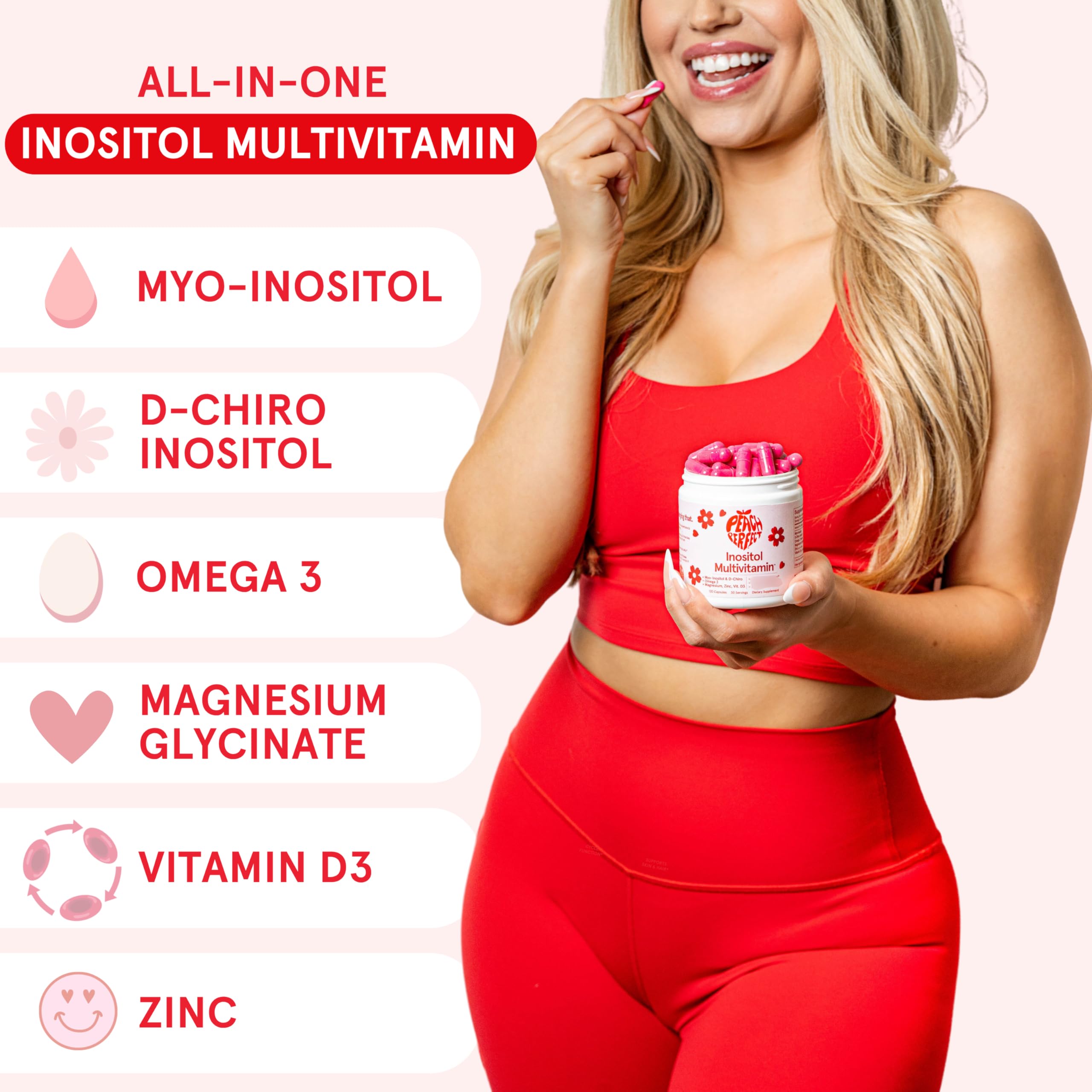 Peach Perfect Inositol Multivitamin – Myo-Inositol & D-Chiro 40:1 Blend, Omega-3, Vitamin D3, Magnesium, Zinc – Supports Women’s Health, Mood, Energy, Supplement – 30 SVG Peach Perfect Au supplements