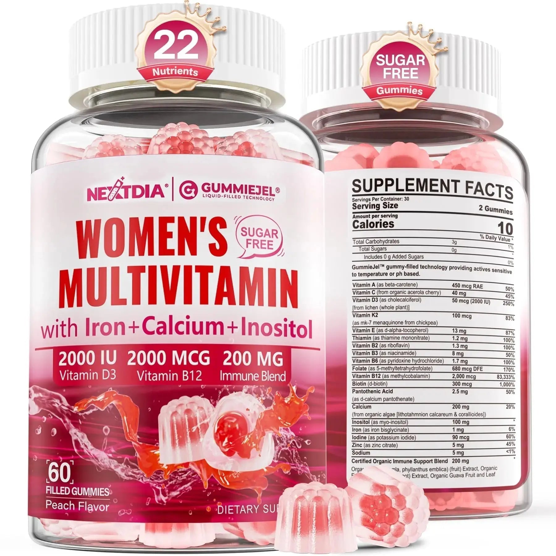 Methylated Multivitamin for Women Gummies, Calcium, D3 K2, Methylfolate & B12, Inositol, Daily Vitamin A, C, E, B Complex, Biotin, Iron Nextdia Au supplements