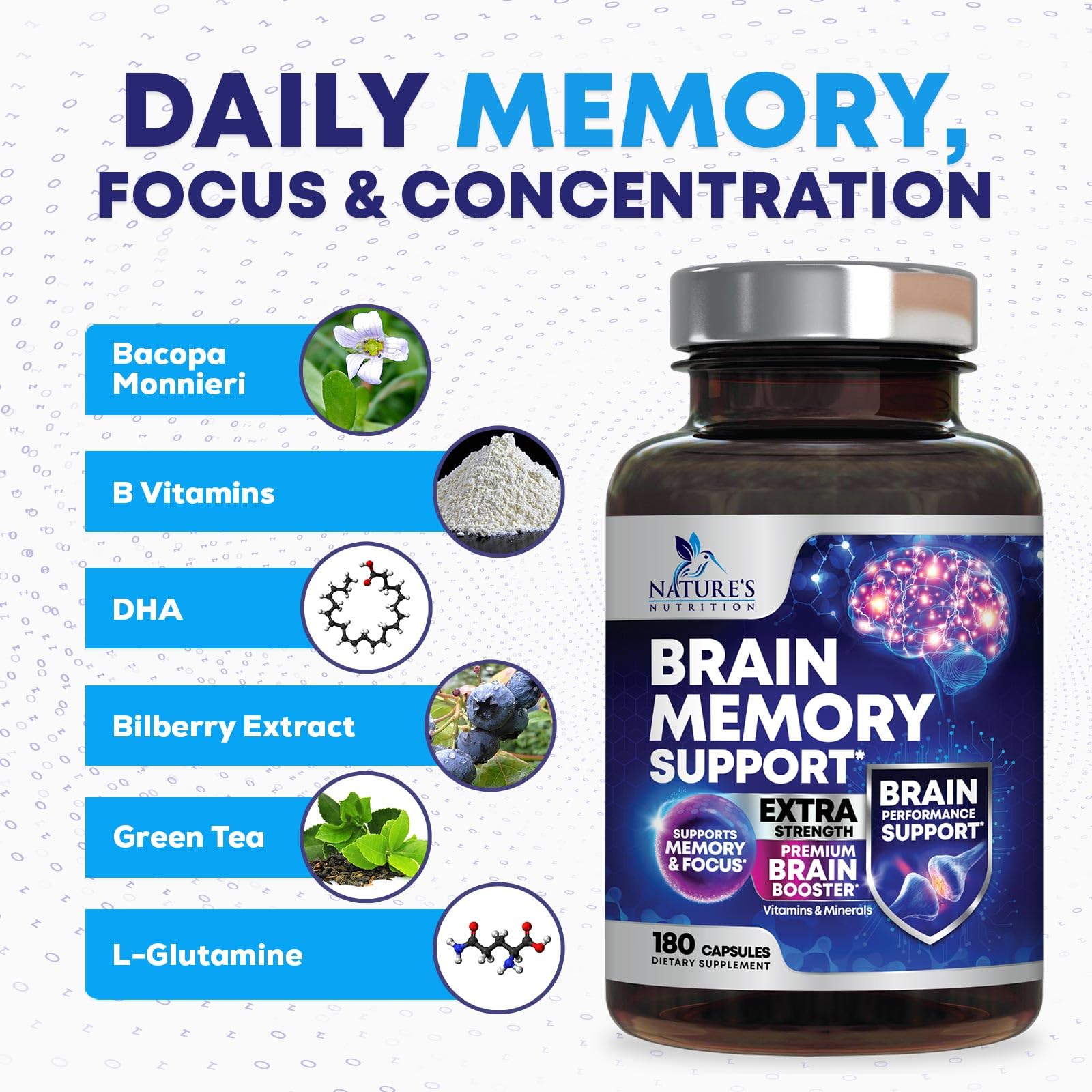 Brain Memory Supplement Pills - 3X Strength Nootropics for Concentration, Clarity & Focus Support - Brain Health Cognitive Vitamins with Bacopa, Phosphatidylserine & DMAE, Brain Booster - 180 Capsules Nature's Nutrition Au supplements