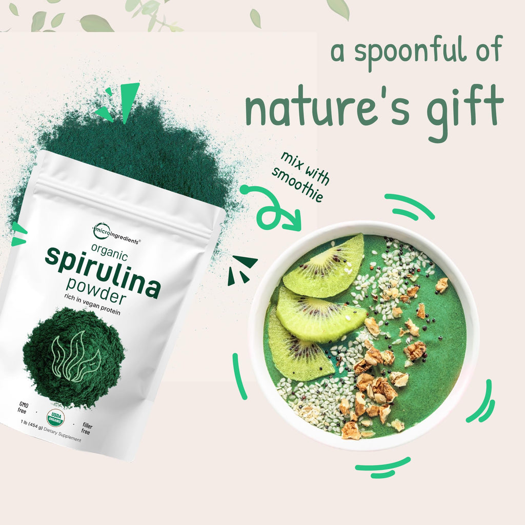 Micro Ingredients Organic Spirulina Powder, 1lb | Blue-Green Algae, Rich in Vegan Protein, Vitamins & Minerals | Source of Natural Chlorophyll & Enzymes