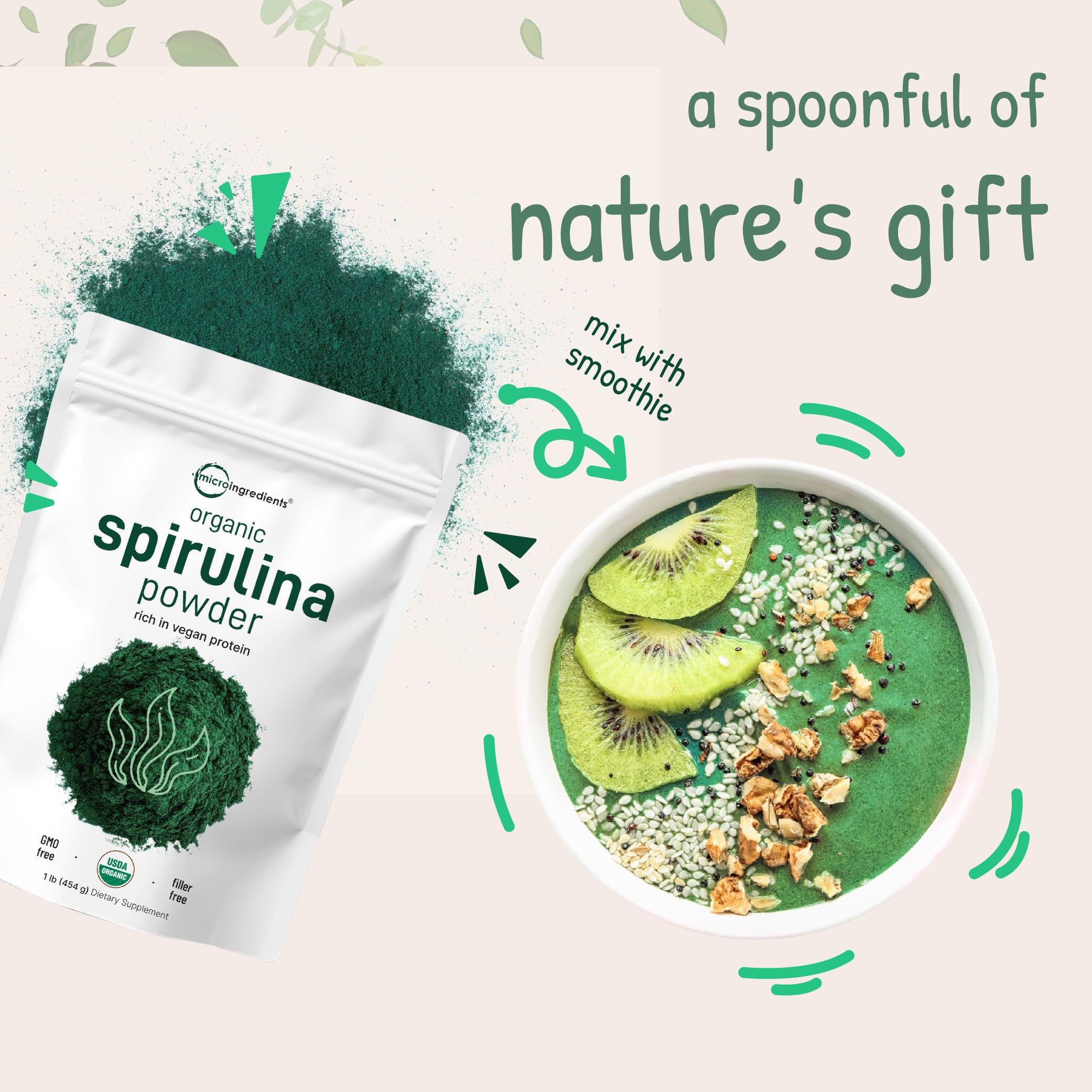 Micro Ingredients Organic Spirulina Powder, 1lb | Blue-Green Algae, Rich in Vegan Protein, Vitamins & Minerals | Source of Natural Chlorophyll & Enzymes