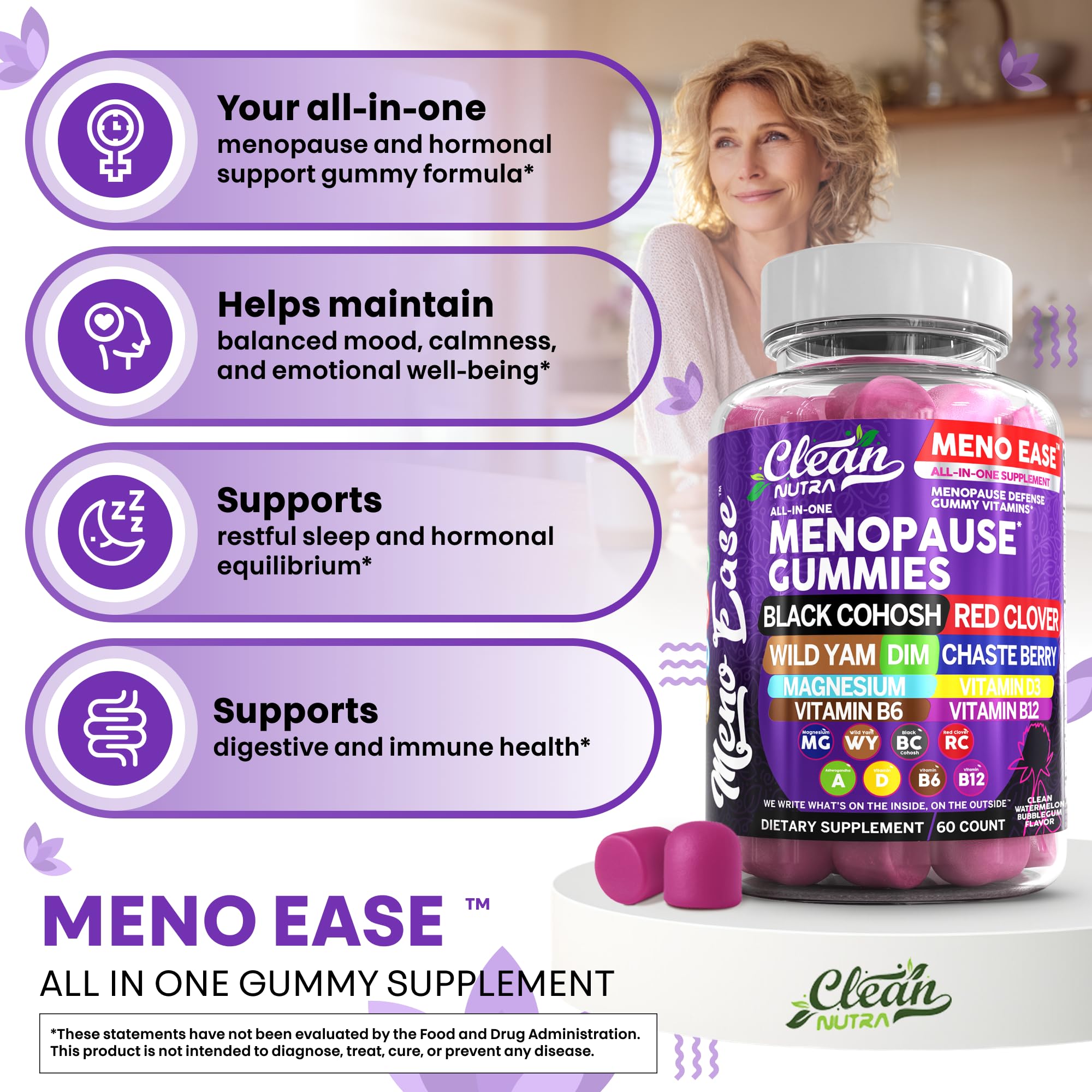 Menopause Supplement for Women Gummies with Black Cohosh, Wild Yam, DIM, Magnesium, Red Clover Chasteberry for Hormone Balance Relief Night Sweats Mood Plus Bergamot, Vitamin D3, Vitamin B6 B12 Clean Nutraceuticals Au supplements