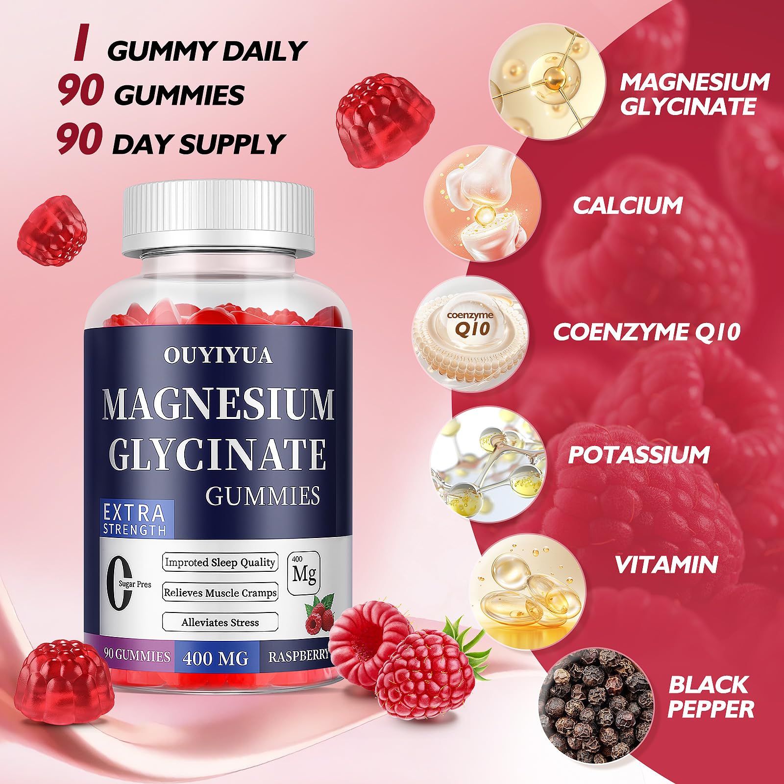Magnesium Glycinate 400mg Gummies, Sugar Free Magnesium Gummies with Vitamins D, B6 for Sleep Support,
