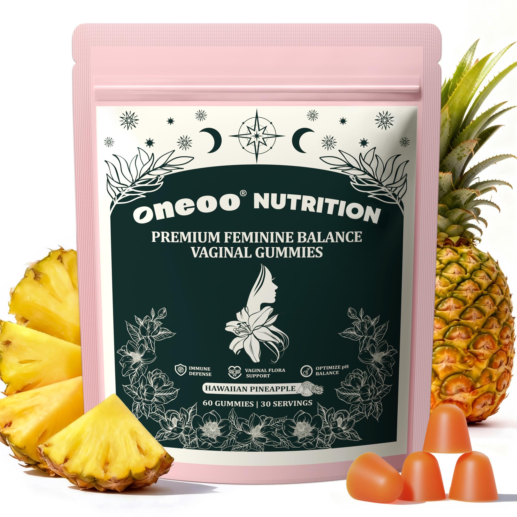 Oneoo Feminine Balance Gummies - Premium Balance Gummies for Women's pH Health, Feminine Gummy for Immune & Energy Support, Vegan, Gluten-Free, Hawaiian Pineapple, 60 Count Oneoo Au supplements