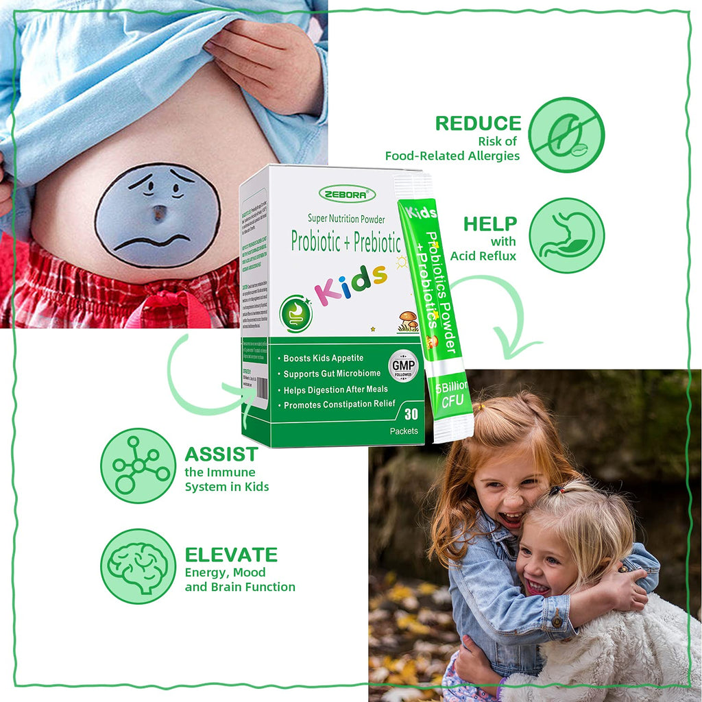 ZEBORA Kids Probiotic & Prebiotics Powder Age 3+ Support Children's Digestive & Immune System with Natural Source, Promotes Constipation Relief, Non-GMO