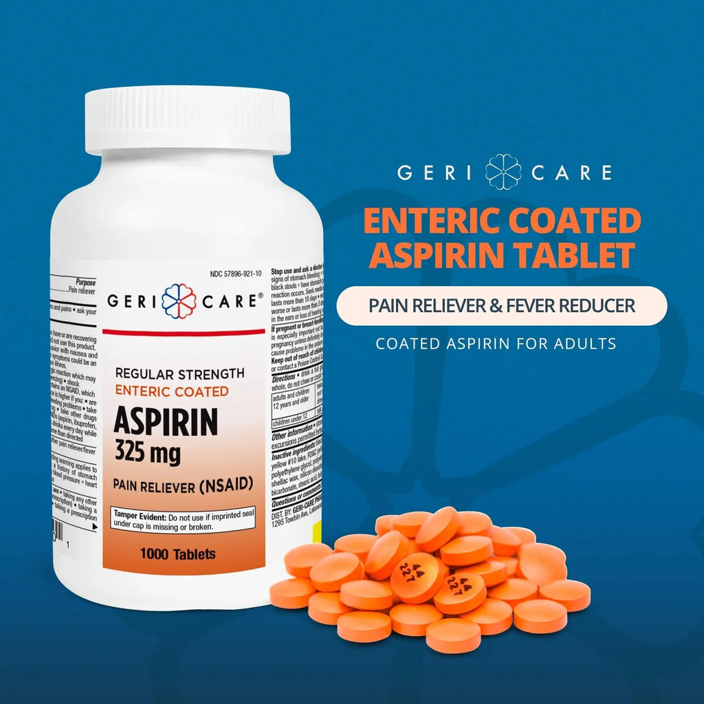GeriCare Enteric Coated Aspirin Tablets 325mg (1000 Count) NSAID Pain Reliever & Fever Reducer for Adults- Regular Strength Aspirin for Headache Arthritis Menstrual & Muscle Pain GeriCare Au supplements