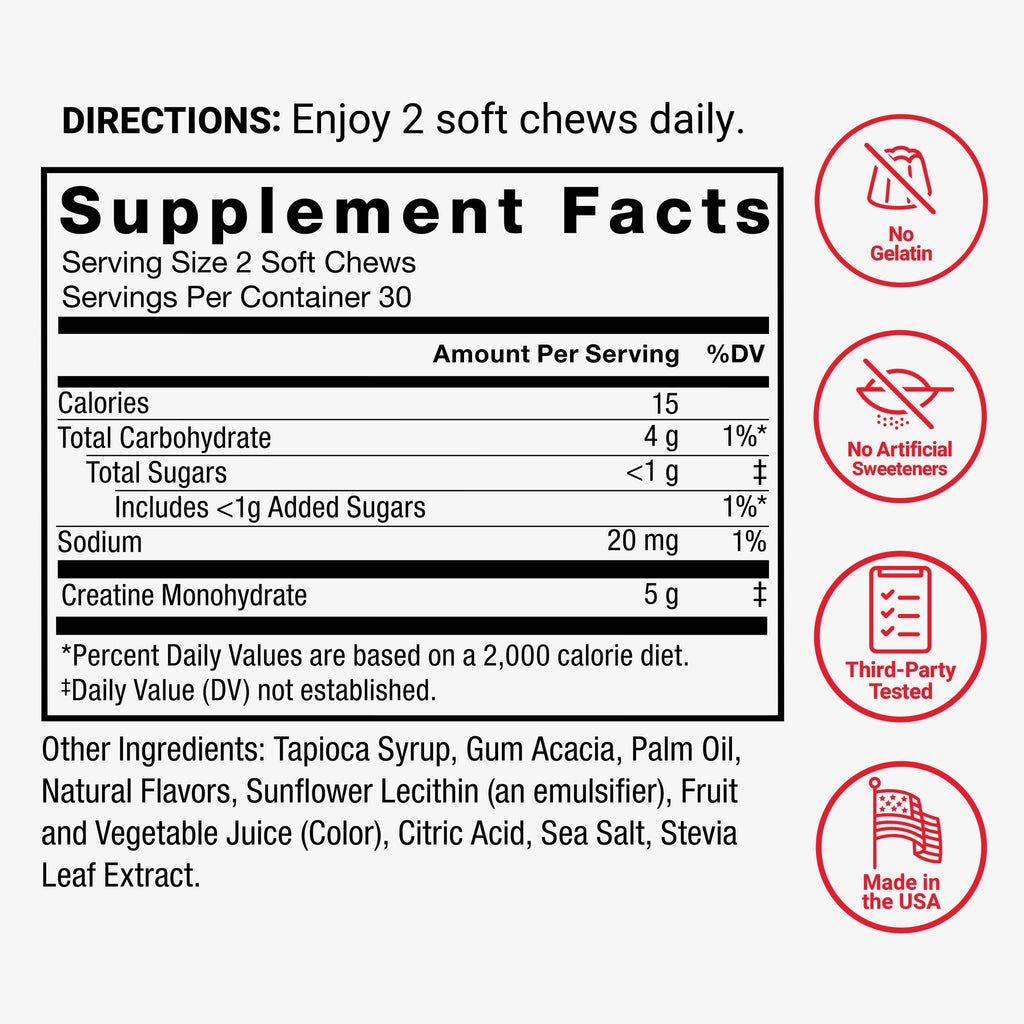 Force Factor Legendary Creatine Chews, 5g Creatine Monohydrate, Build Muscle, Improve Strength & Recovery, Support Memory & Cognitive Function, Sugar Free, Berry Blast, 60 Soft Chews Force Factor Au supplements