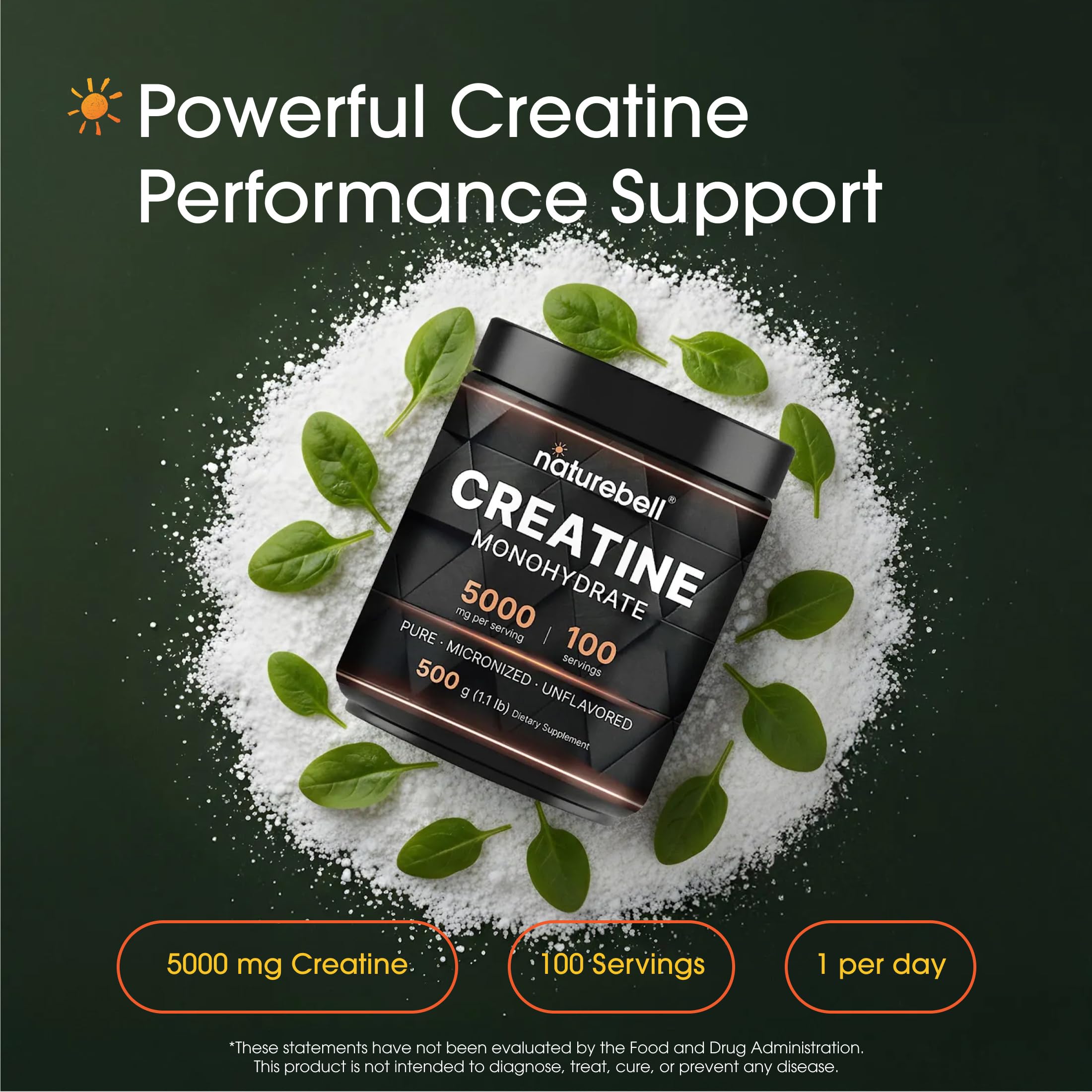 NatureBell Creatine Monohydrate Powder - 500g - Micronized Powder - Delivers 5,000mg Creatine Per Serving - Pre-Workout or Post-Workout Support*